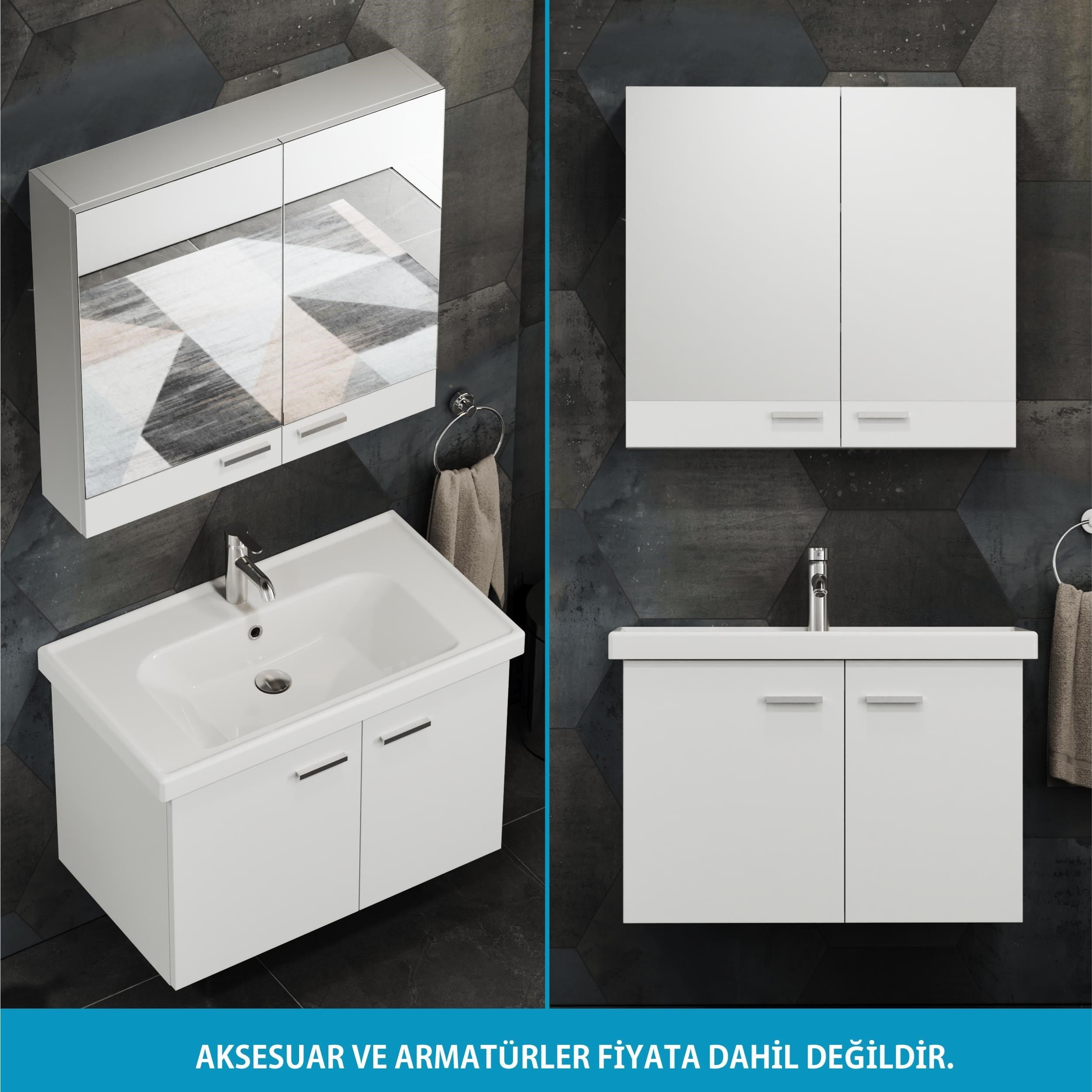 Aqua Bagno Basic Alt Dolap + Üst Dolap - Lavabo Dahil - Beyaz, 80 cm 3 Parça | S.50.02.33.03.01