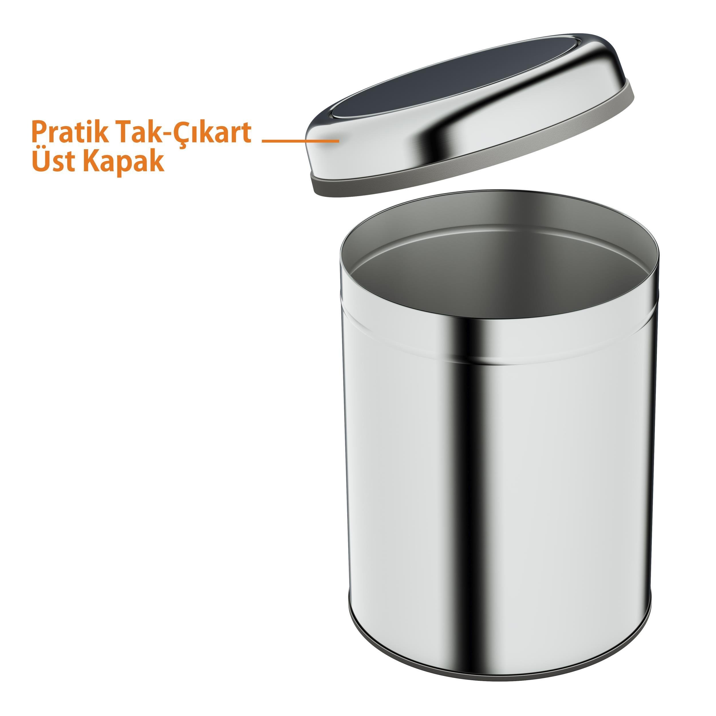 Aqua Bagno Basic Çöp Kovası - Sallanır Kapaklı 8 L, Parlak Krom Paslanmaz