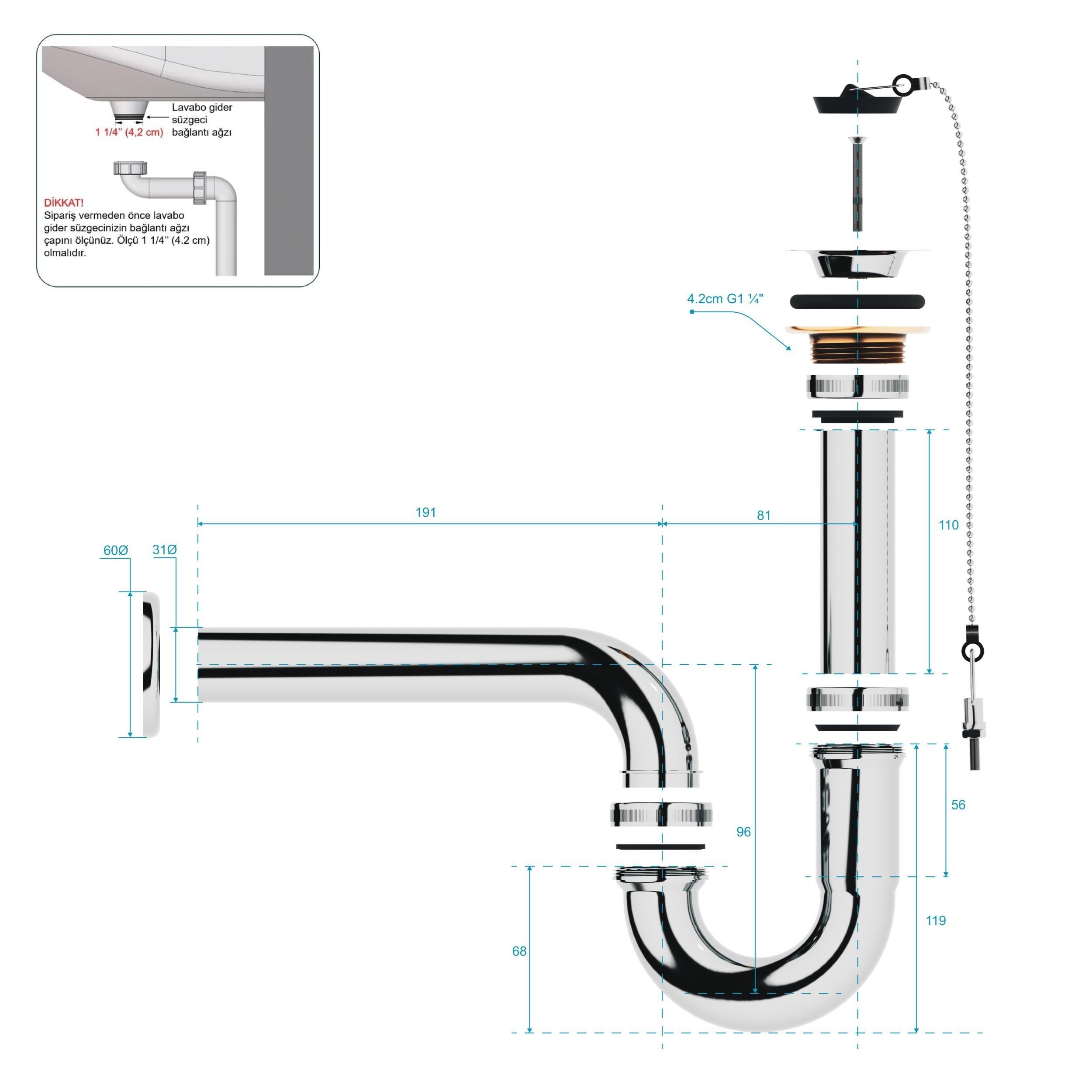 Aqua Bagno Basic Metal Sifon - Süzgeç Dahil - Parlak Krom - 32 mm Çıkış Ucu | 90.99.60.10