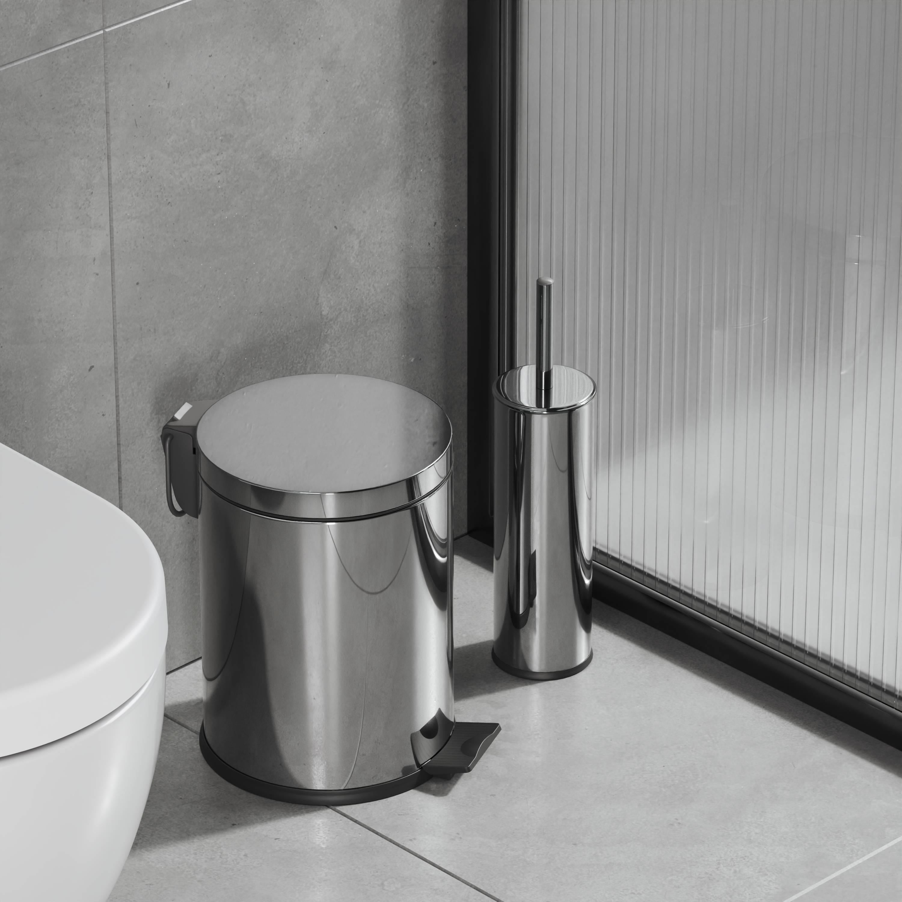 Aqua Bagno Basic Set - Klozet Fırçası + Çöp Kovası 5 L, 2 Parça, Parlak Krom Paslanmaz | 35.99.89.02.01