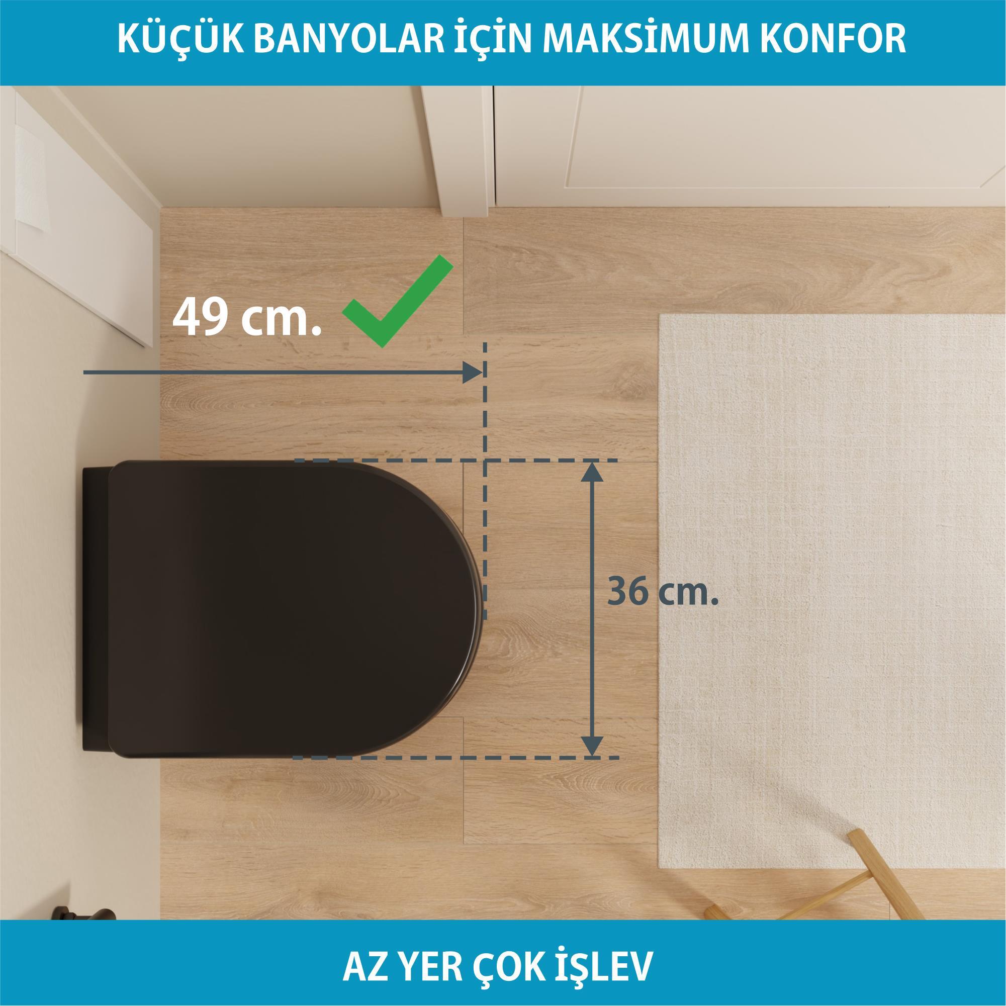 Aqua Bagno Cocon 2.0 Kanalsız Asma Klozet 49 cm – Yavaş Kapanır Kapaklı 2 Parça Set – Mat Siyah