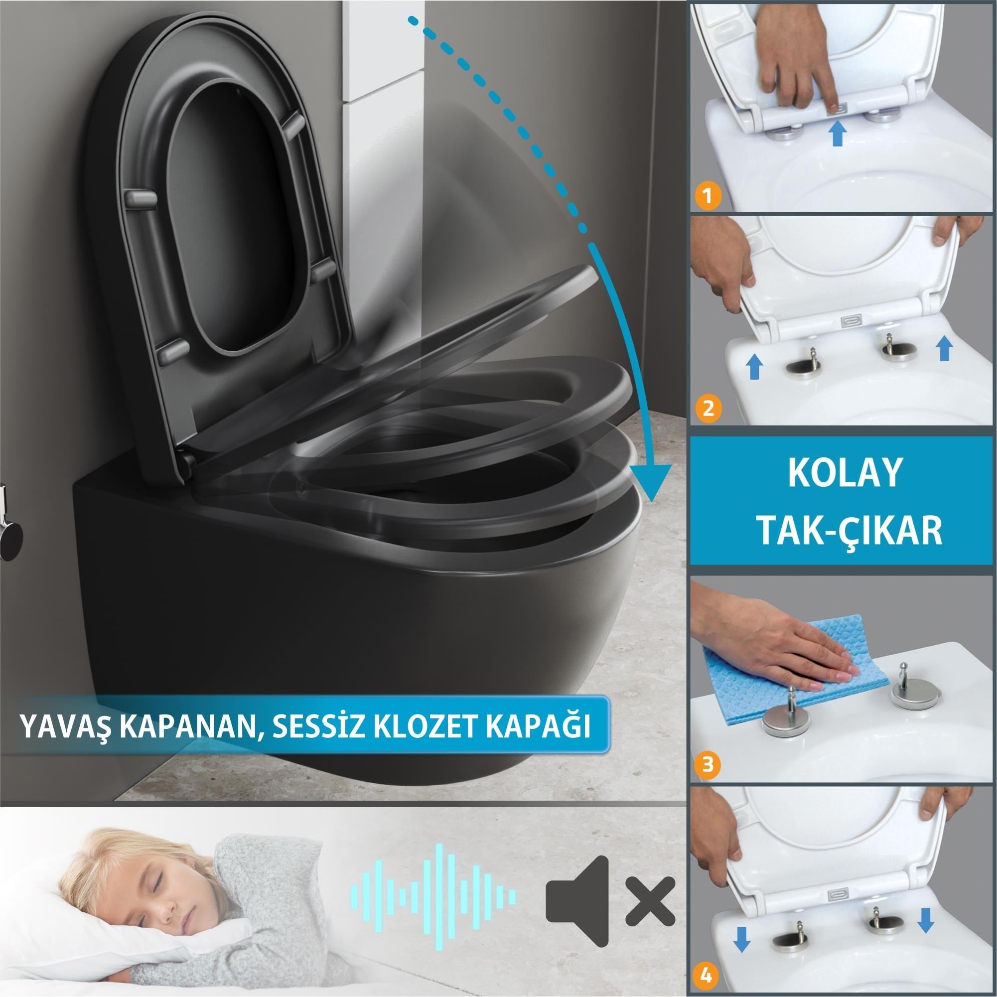 Aqua Bagno Cocon 2.0 Kanalsız Asma Klozet 49 cm - Yavaş Kapanır Kapaklı 2 Parça Set – Mat Siyah | S.10466.10468