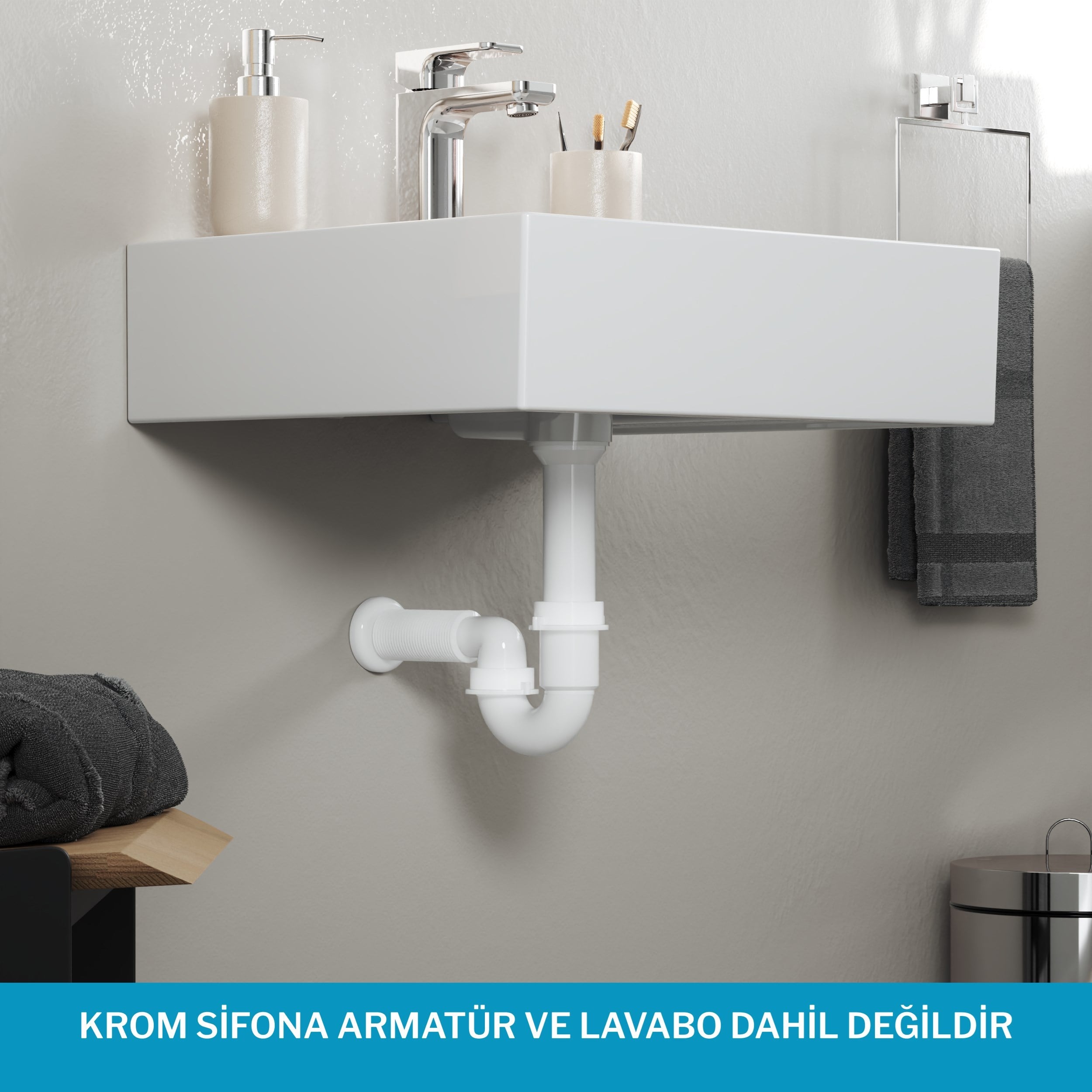 Aqua Bagno Comfort Lavabo Sifonu, Koku Önleyici, Ayarlanabilir, Süzgeç Dahil-90.99.60.09