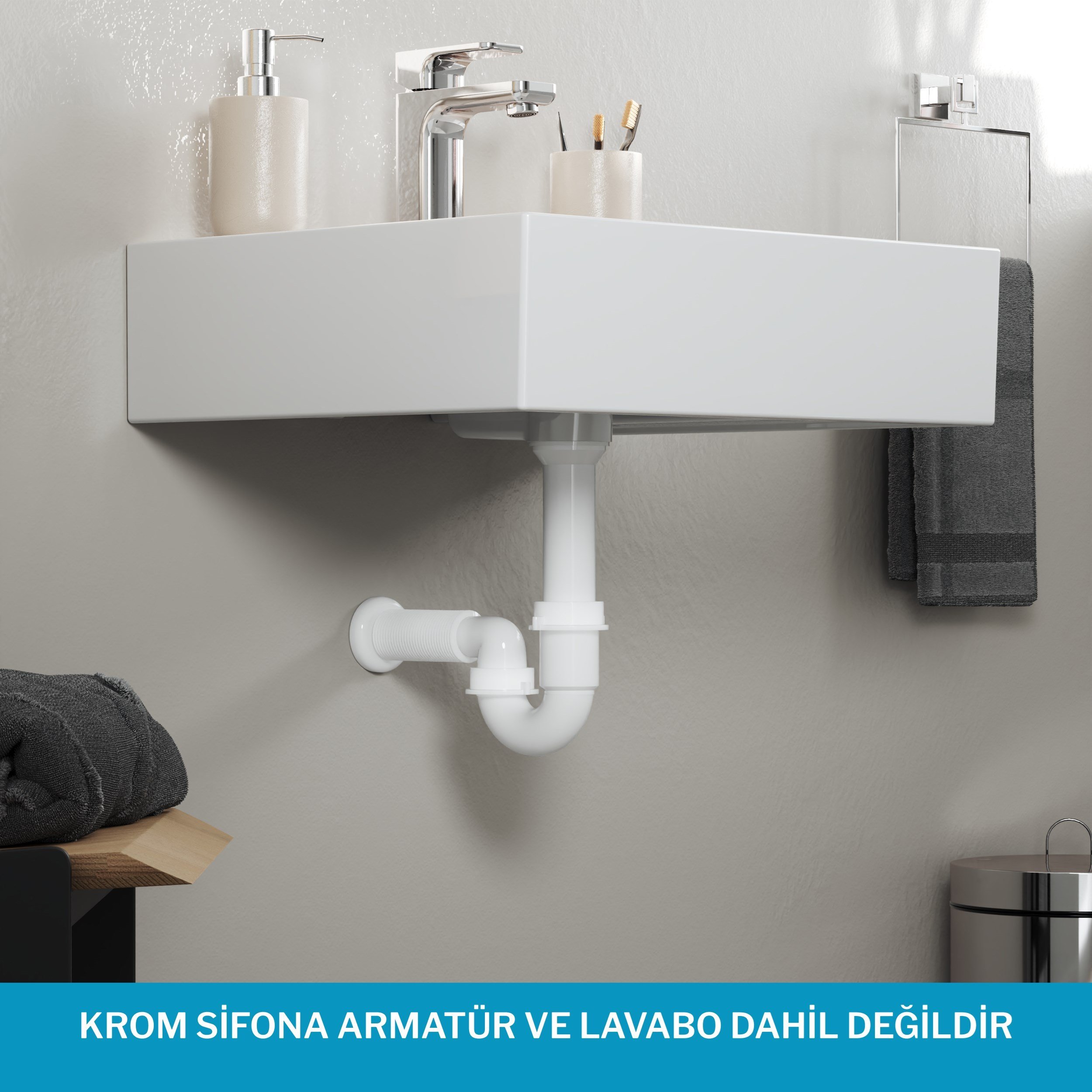 Aqua Bagno Comfort Lavabo Sifonu, Koku Önleyici, Ayarlanabilir, Süzgeç Dahil-90.99.60.09