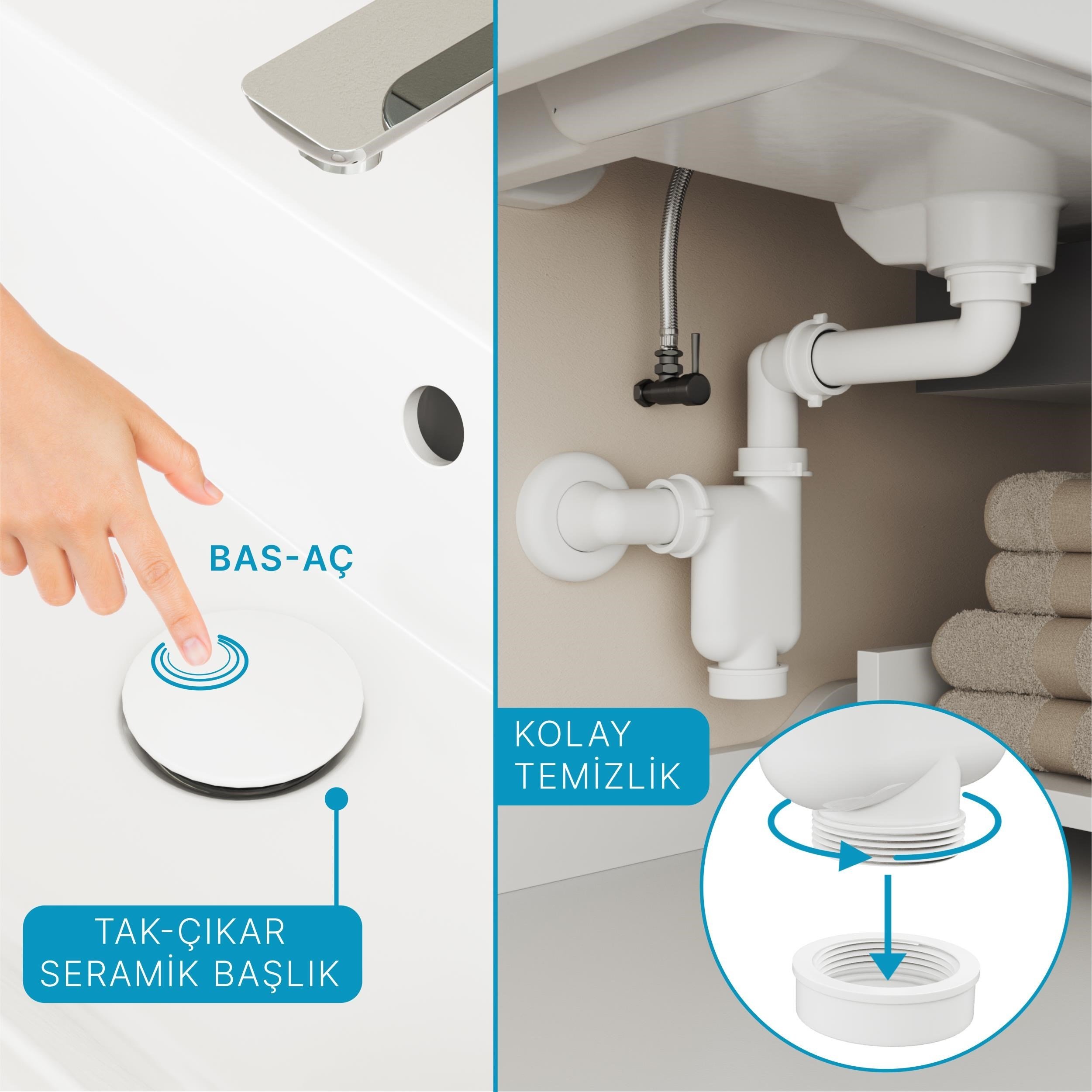 Aqua Bagno Comfort yer kazandıran lavabo sifonu +  Pop-up Sifon, Beyaz Seramik Başlıklı ,Taşma Delikli,  (1 -1/4) | 90.99.07.01.01