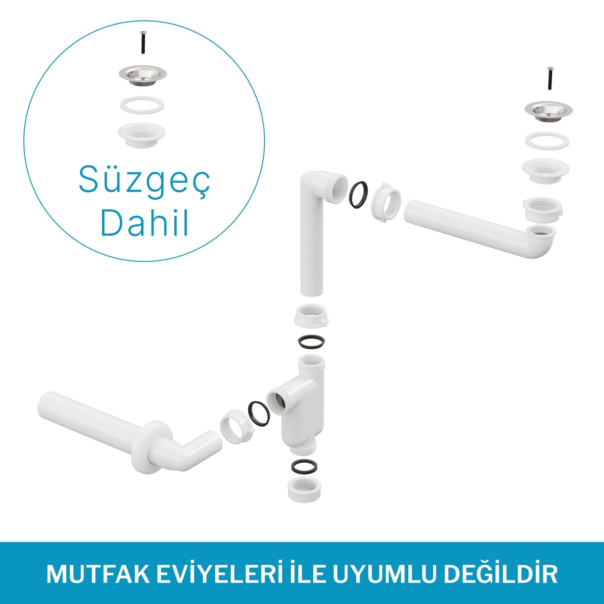 Aqua Bagno Comfort Yer Kazandıran Lavabo Sifonu ve Süzgeç - 2 Parça-90.99.60.08