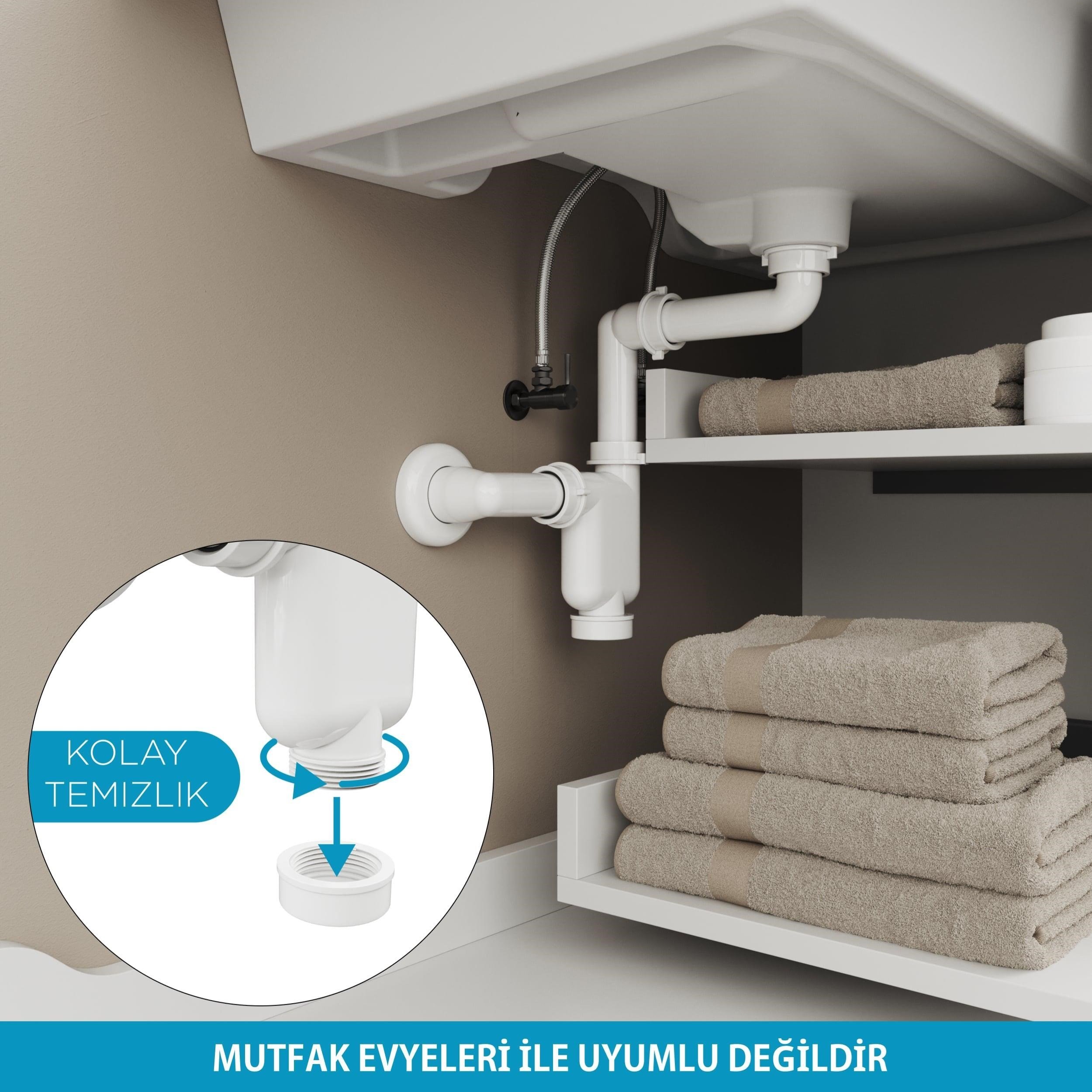 Aqua Bagno Comfort Yer Kazandıran Lavabo Sifonu, Kolay Temizlenir, Ayarlanabilir Koku Önleyici Gider Borulu - 32 mm - Süzgeç Hariç | 90.99.60.01