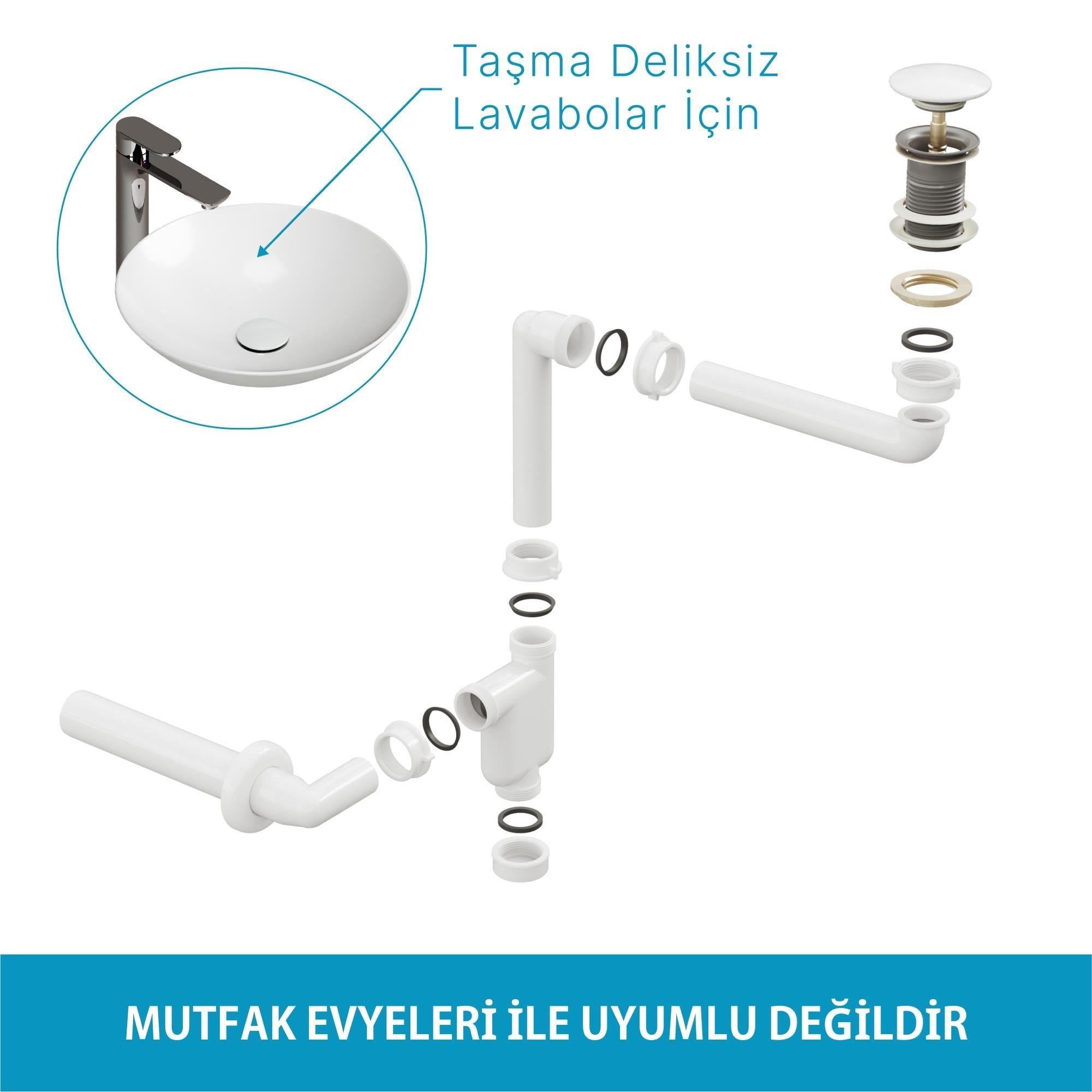 Aqua Bagno Comfort Yer Kazandıran Lavabo Sifonu + Beyaz Seramik Pop-up Taşma Deliksiz 90.99.07.02.01