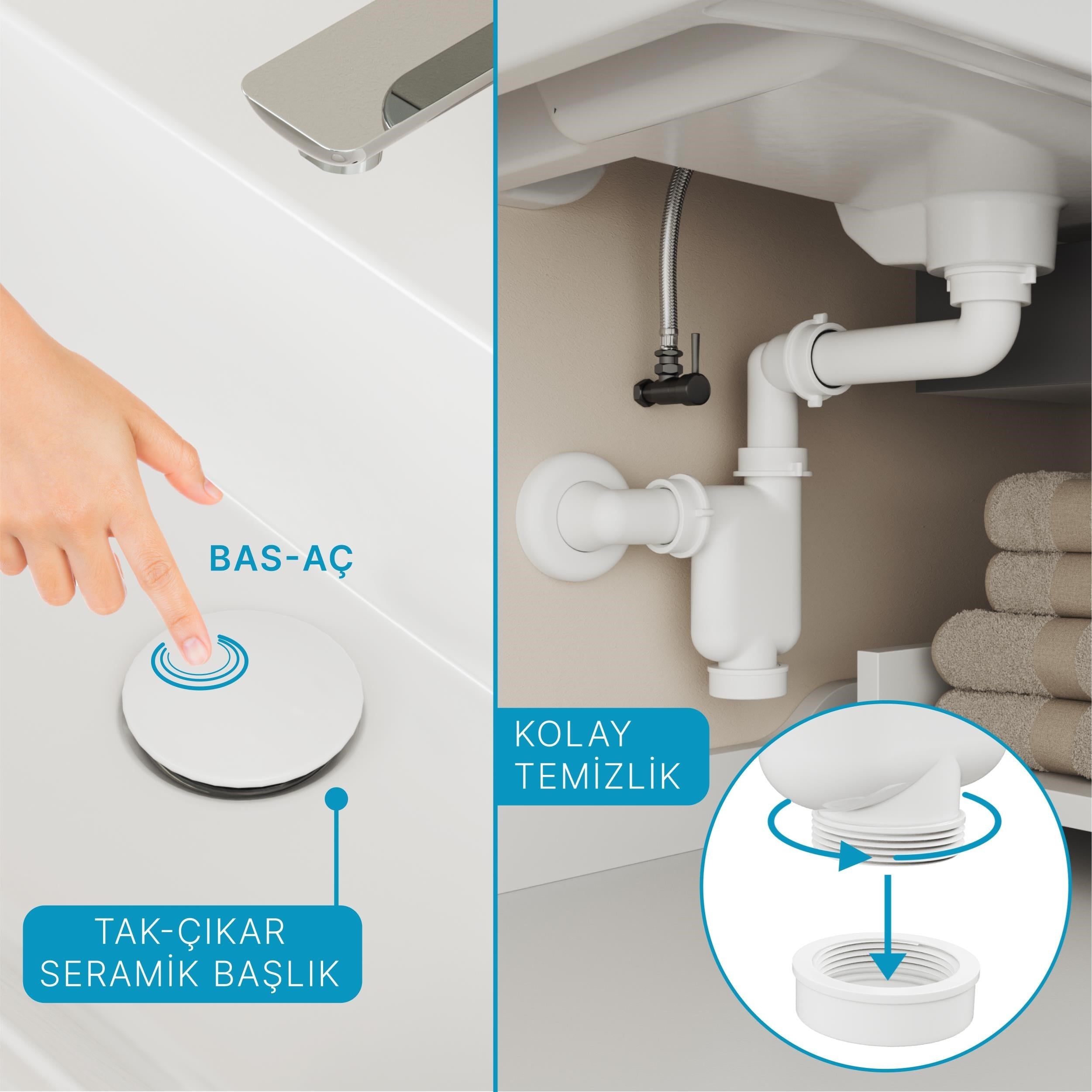 Aqua Bagno Comfort Yer Kazandıran Lavabo Sifonu + Beyaz Seramik Pop-up Taşma Deliksiz 90.99.07.02.01