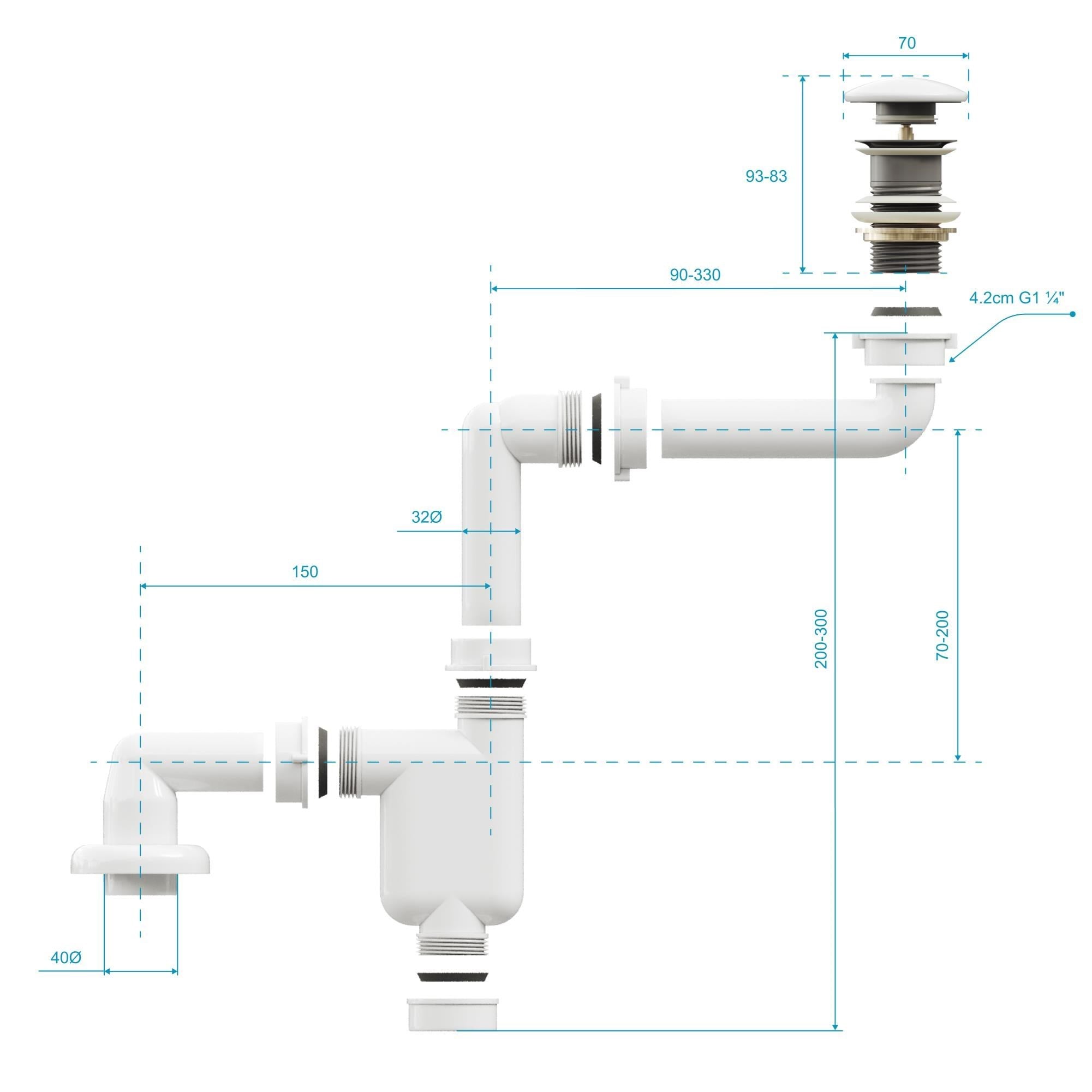 Aqua Bagno Comfort Yer Kazandıran Lavabo Sifonu + Beyaz Seramik Pop-up Taşma Deliksiz 90.99.07.02.01