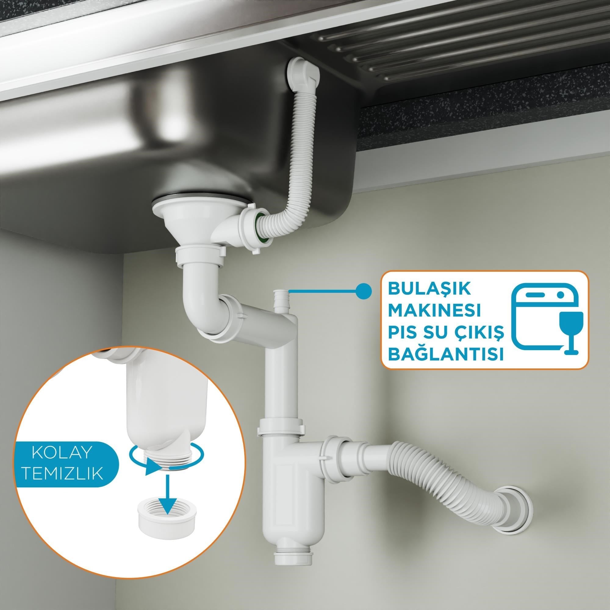 Aqua Bagno Comfort Yer Kazandıran Mutfak Eviye Sifonu, Kolay Temizlenir, Ayarlanabilir Koku Önleyici Gider Borulu,11,5 cm Eviye Giriş | 90.99.70.01.02