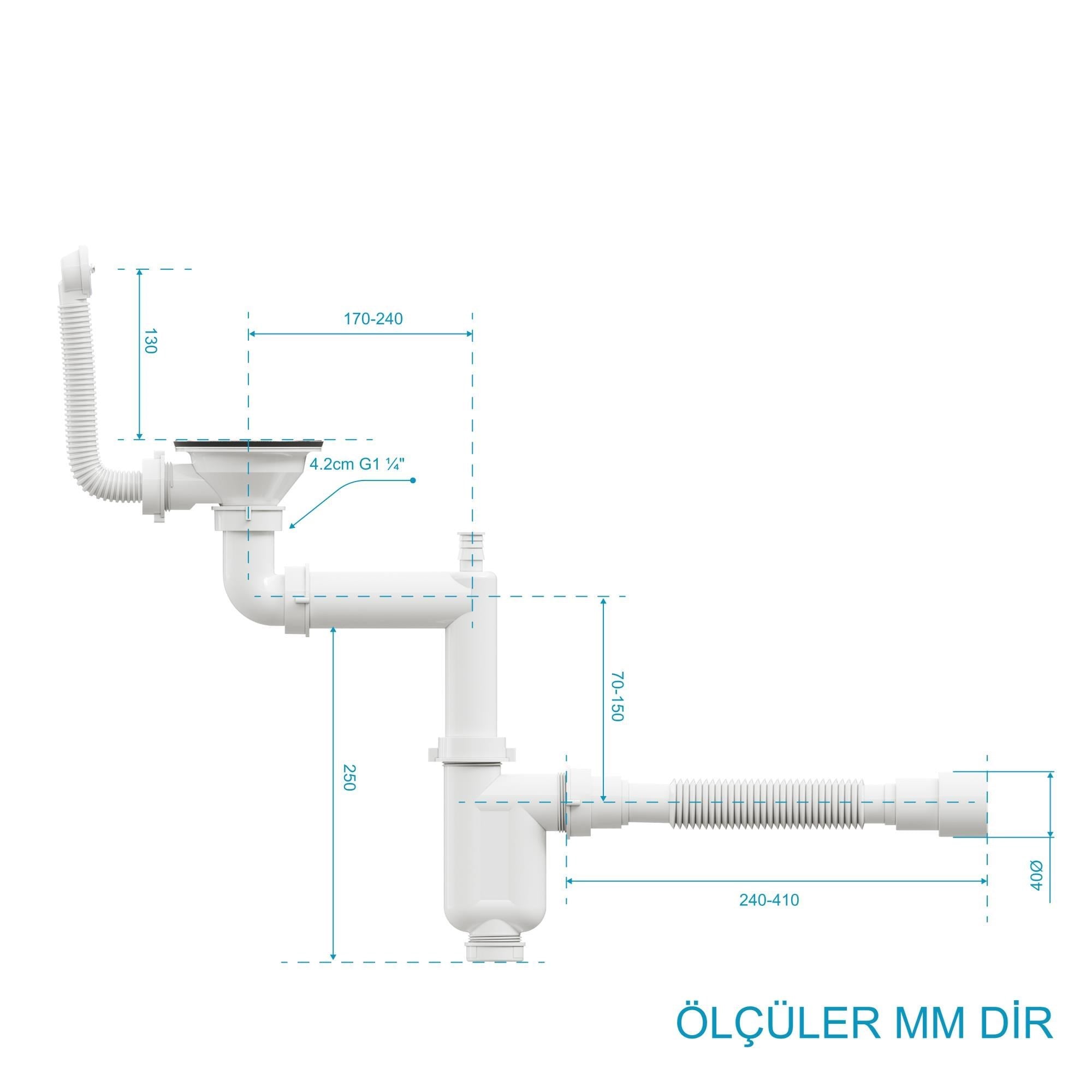 Aqua Bagno Comfort Yer Kazandıran Mutfak Eviye Sifonu, Kolay Temizlenir, Ayarlanabilir Koku Önleyici Gider Borulu,11,5 cm Eviye Giriş | 90.99.70.01.02