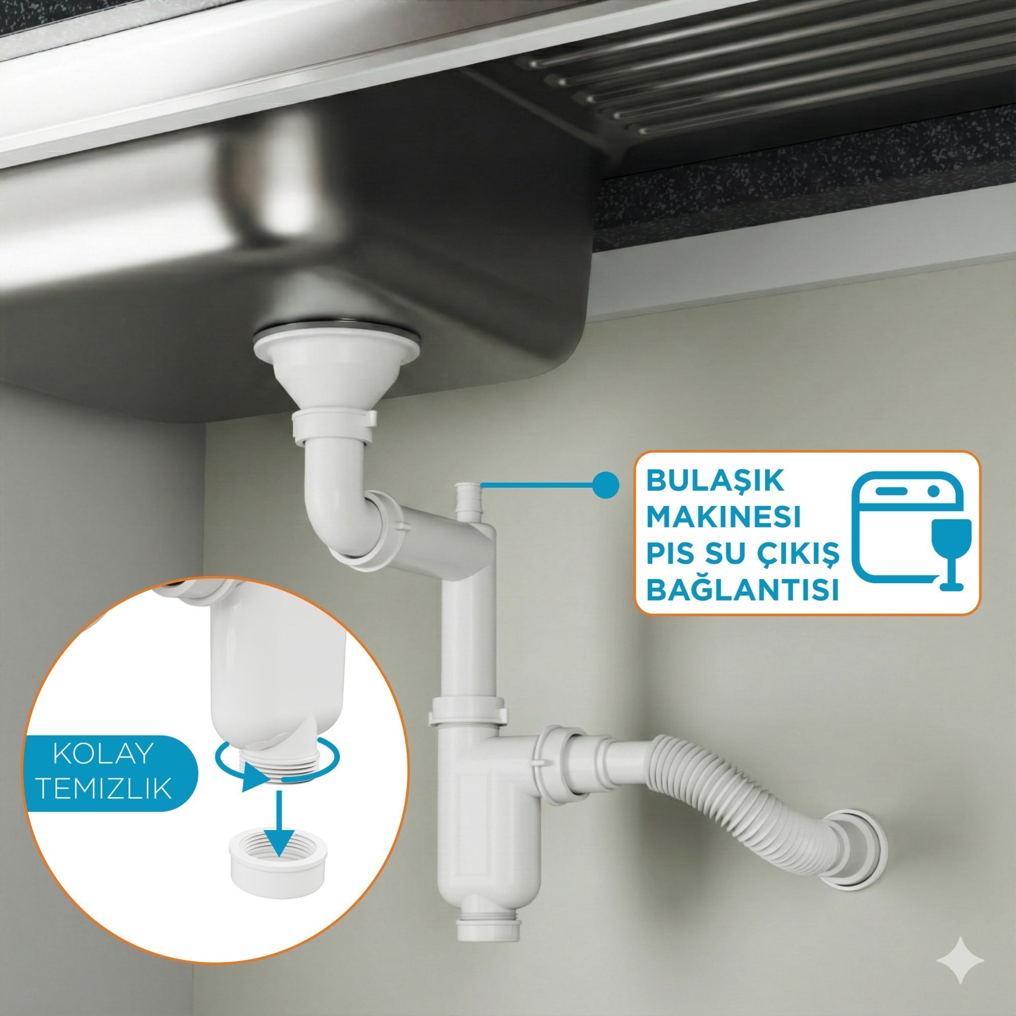Aqua Bagno Comfort Yer Kazandıran Taşma Deliksiz Mutfak Eviye Sifonu – Kolay Temizlenir, Ayarlanabilir Koku Önleyici Gider Borulu-90.99.70.02.01