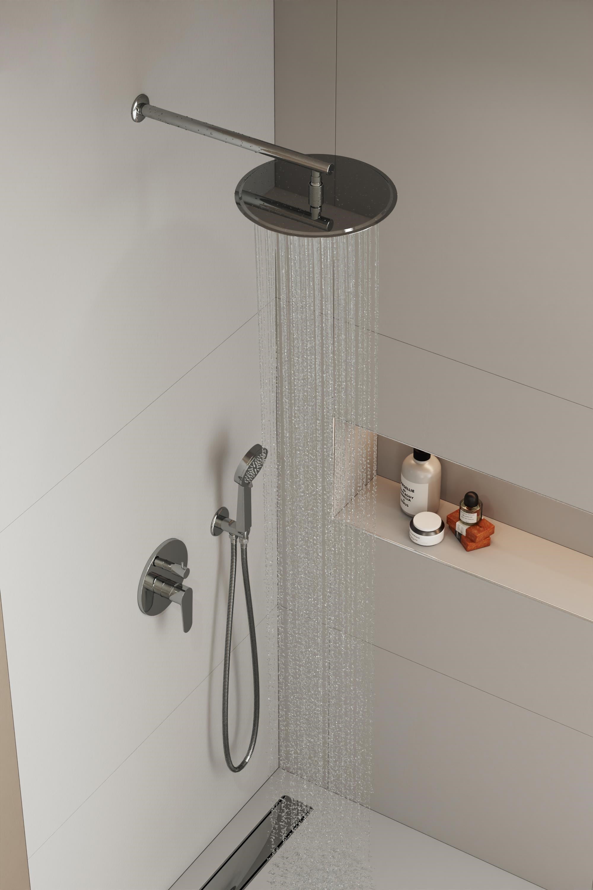 Aqua Bagno Largo Tepe Duşu 30x30 cm, Duvardan Duş Kolu 42,5 cm Paslanmaz Krom - 2 Parça Set | 30.30.77.01.05
