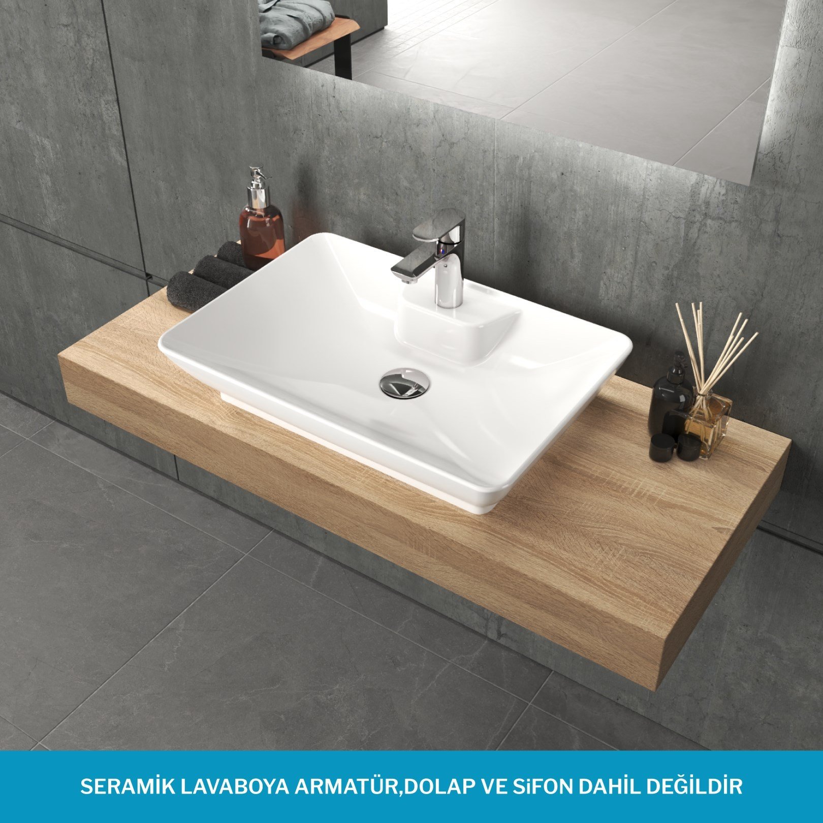 Aqua Bagno Leon Tezgah Üstü Lavabo 60x40 cm Batarya Delikli Seramik Beyaz Çanak Lavabo-1.31.62.1.NO