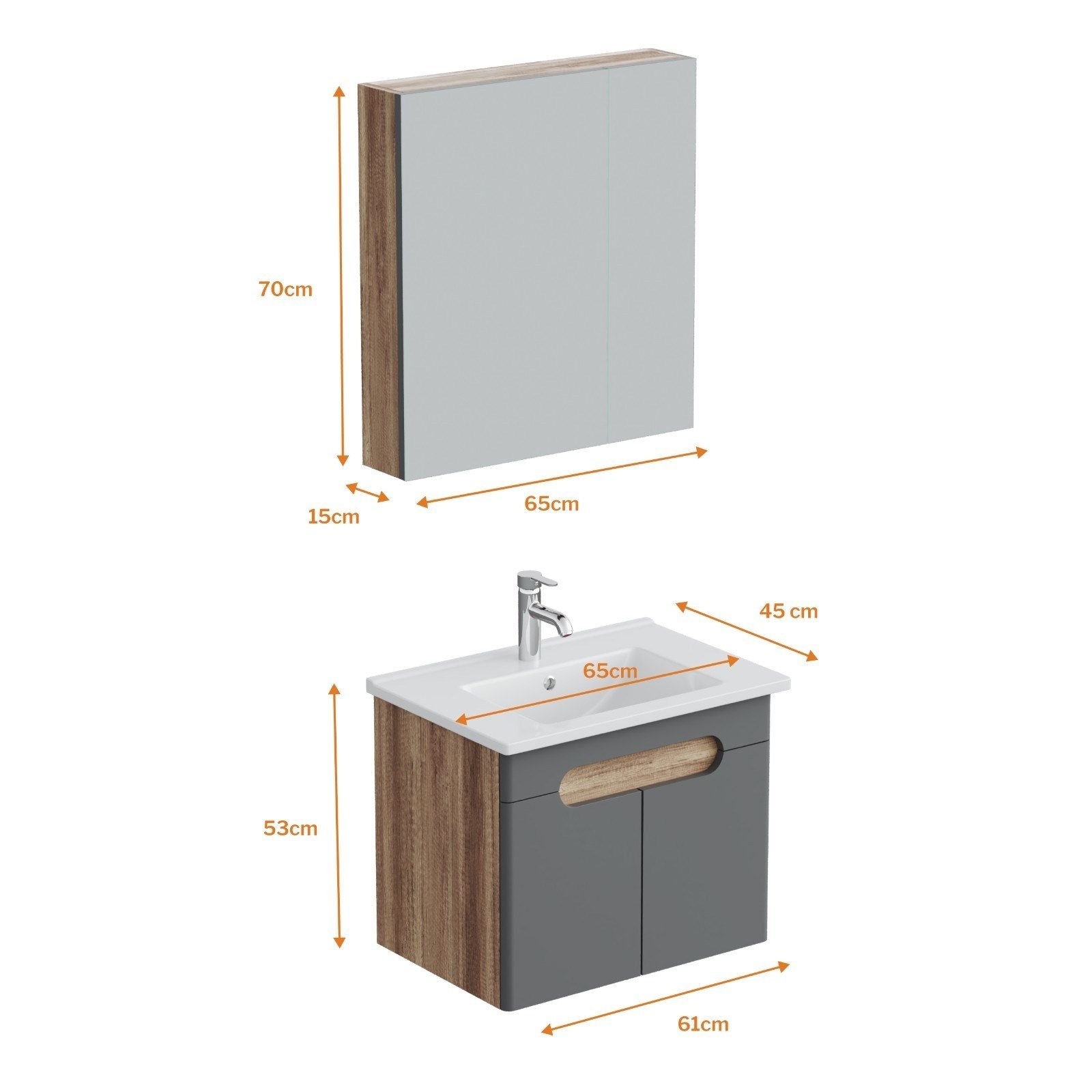 Aqua Bagno Luvi  Alt dolap + Üst dolap -Lavabo dahil-65 cm.-3 parça | ABS.50.33.04.01