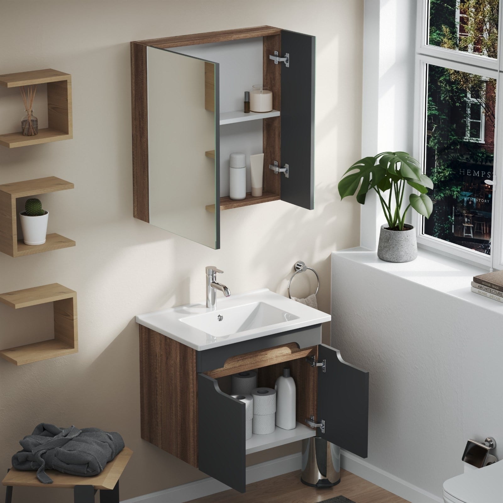 Aqua Bagno Luvi  Alt dolap + Üst dolap -Lavabo dahil-65 cm.-3 parça | ABS.50.33.04.01