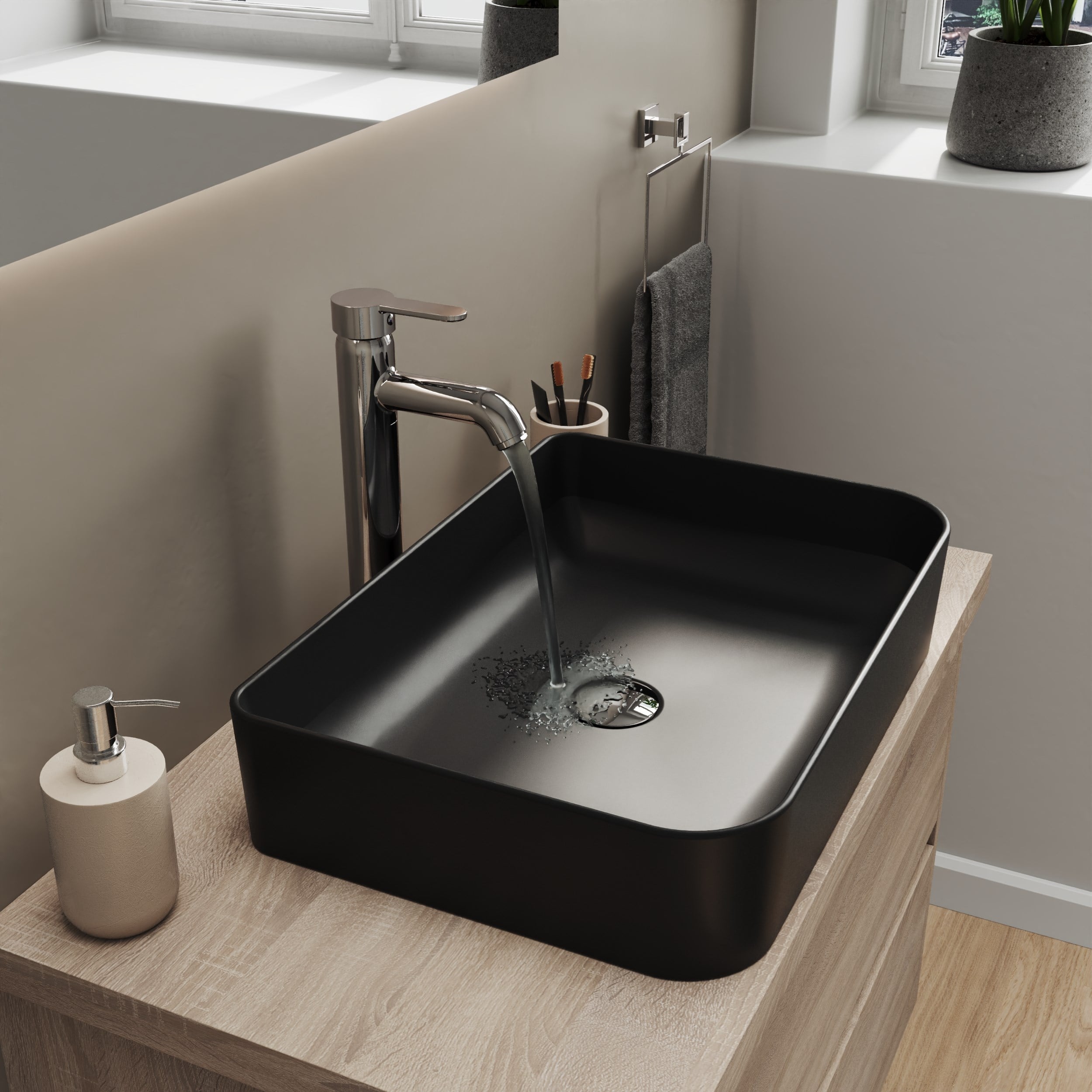 Aqua Bagno Mestola Tezgah Üstü Lavabo Batarya Deliksiz 50x35 cm Mat Siyah-19.31.50.4.NO.NT