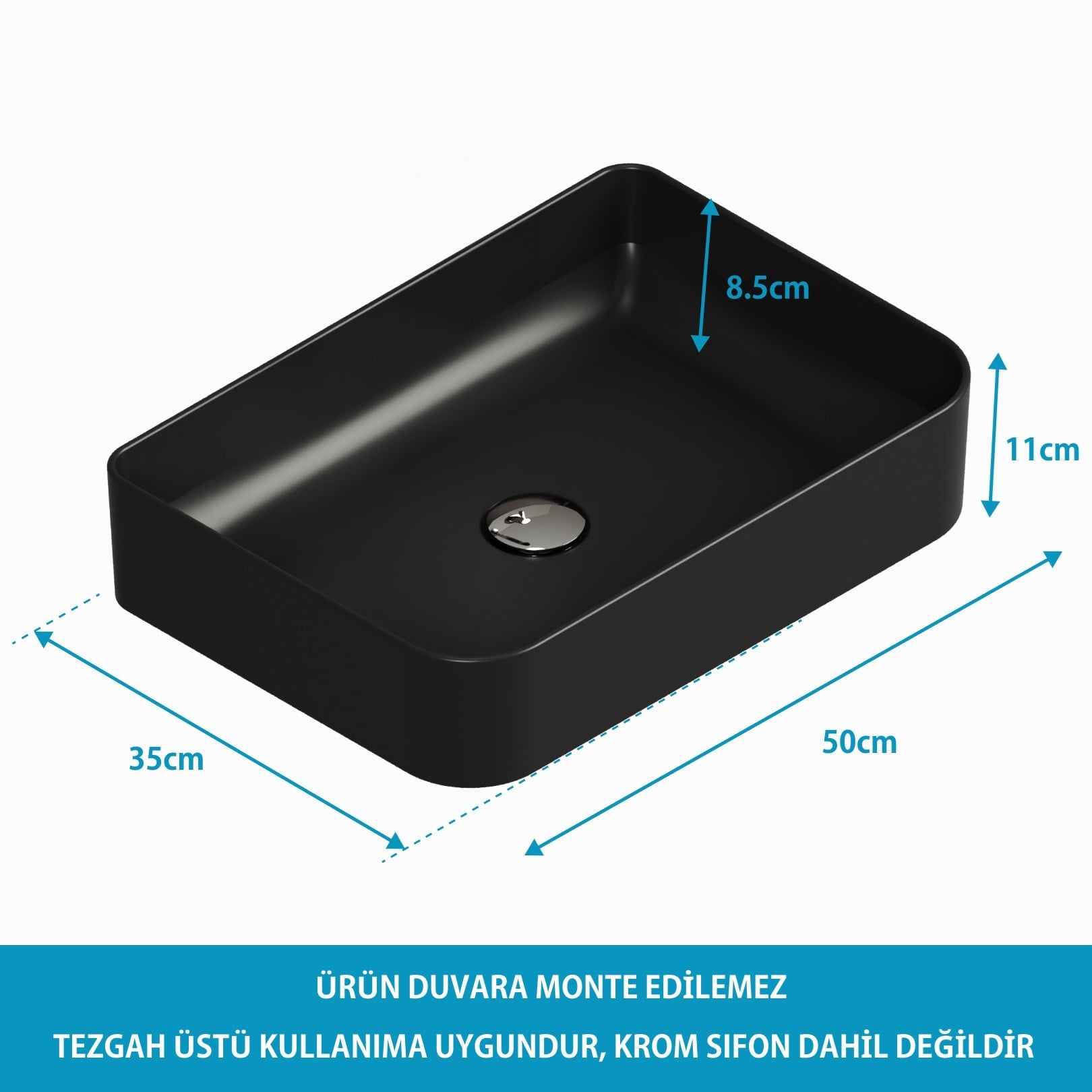 Aqua Bagno Mestola Tezgah Üstü Lavabo Batarya Deliksiz 50x35 cm Mat Siyah-19.31.50.4.NO.NT