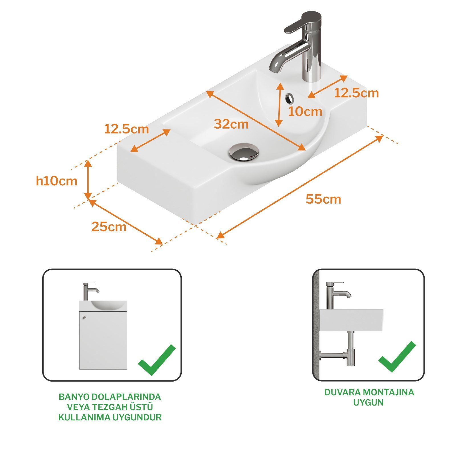 Aqua Bagno Minizia 55x32x10 cm Beyaz Seramik Lavabo – Taşma Delikli | 34.30.55.1.TR