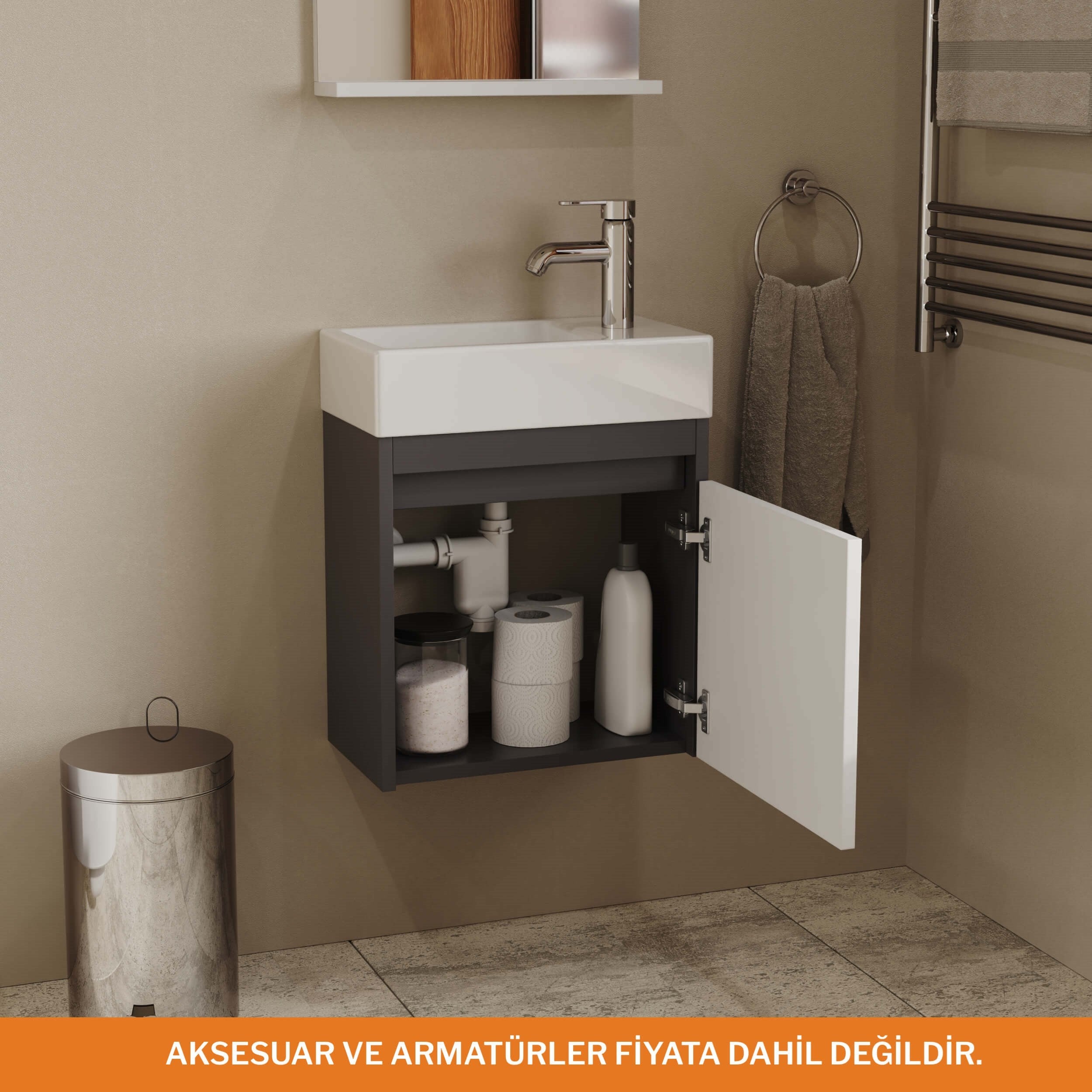 Aqua Bagno Minizia Banyo Dolabı 45 x 26 cm. Antrasit -Beyaz ,Lavabo Dahil |  ABS.50.35.08.01