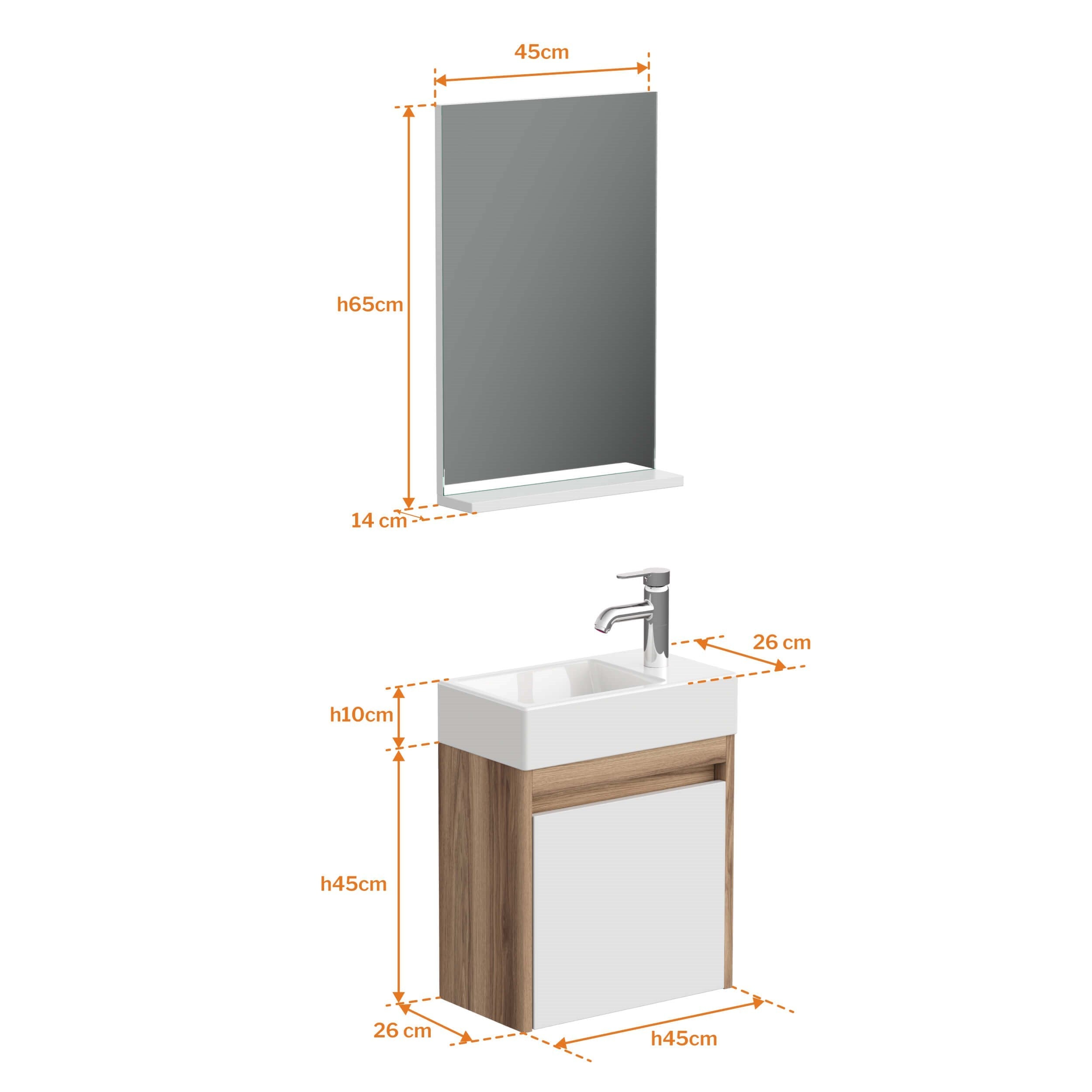 Aqua Bagno Minizia Banyo Dolabı 45 x 32 cm. Doğal Ceviz  -Beyaz ,Lavabo Dahil | ABS.50.35.06.02