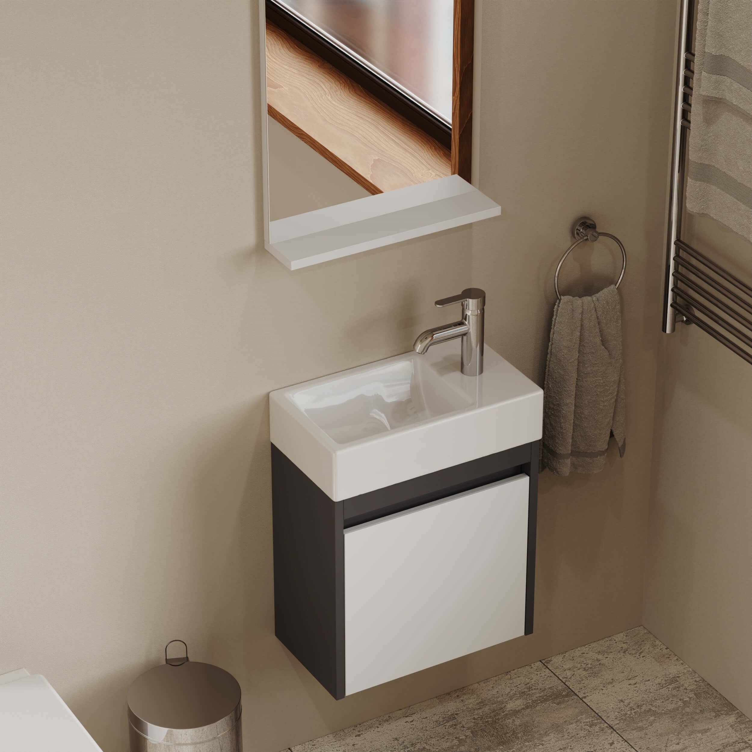 Aqua Bagno Minizia Banyo Dolabı 45 x 32 cm. Antrasit -Beyaz ,Lavabo Dahil | ABS.50.35.08.02