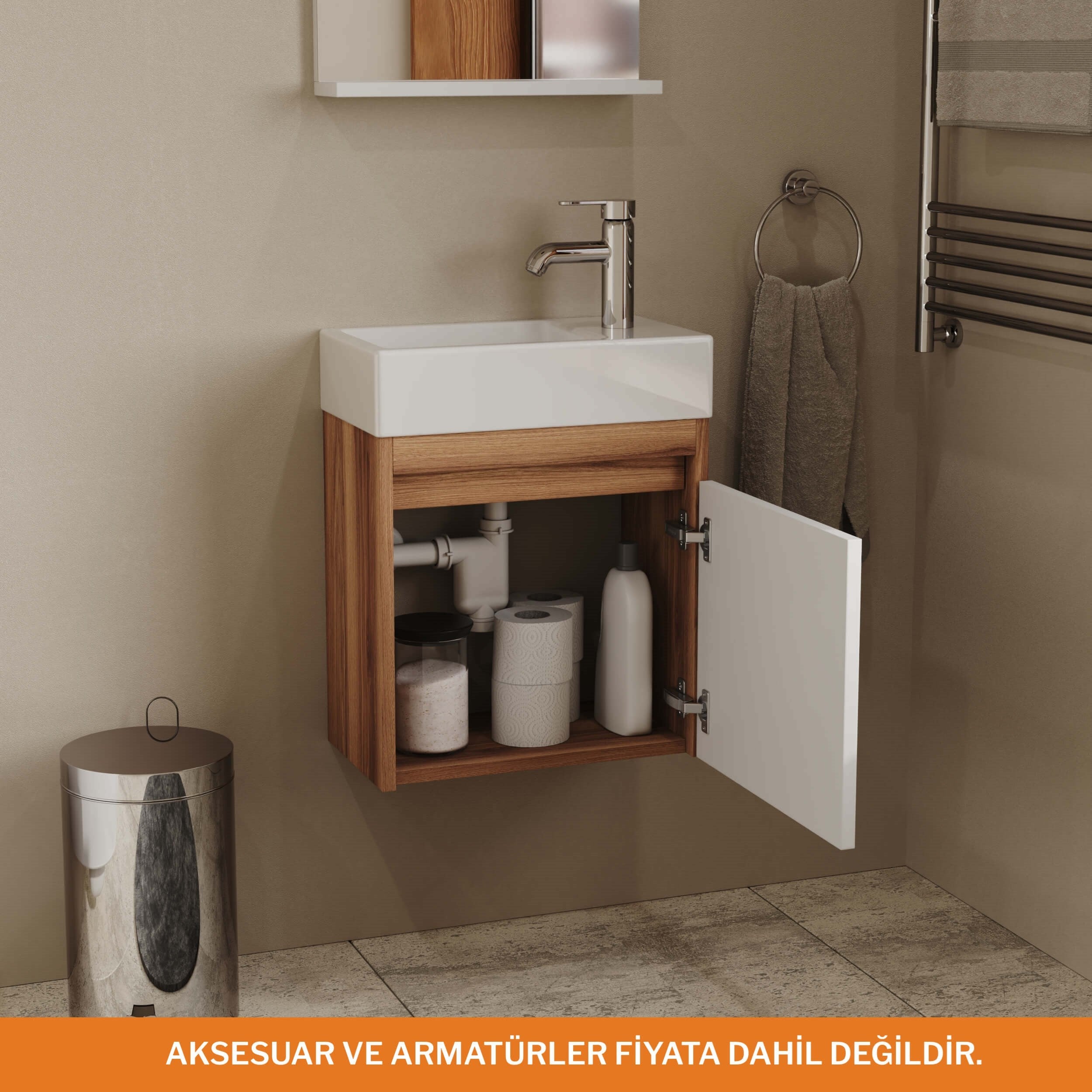 Aqua Bagno Minizia Banyo Dolabı 45 x 32 cm. Doğal Ceviz  -Beyaz ,Lavabo Dahil | ABS.50.35.06.02