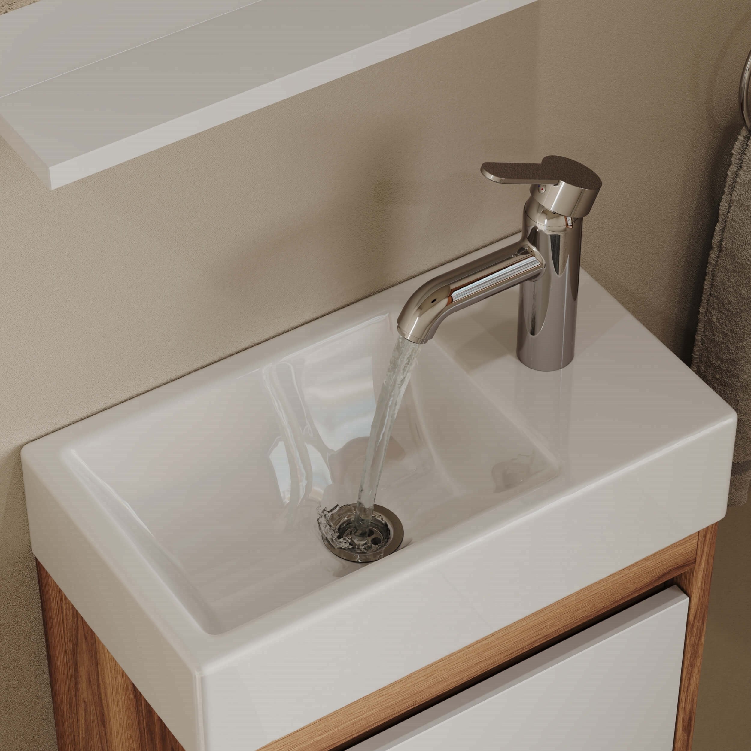 Aqua Bagno Minizia Banyo Dolabı 45 x 32 cm. Doğal Ceviz  -Beyaz ,Lavabo Dahil | ABS.50.35.06.02