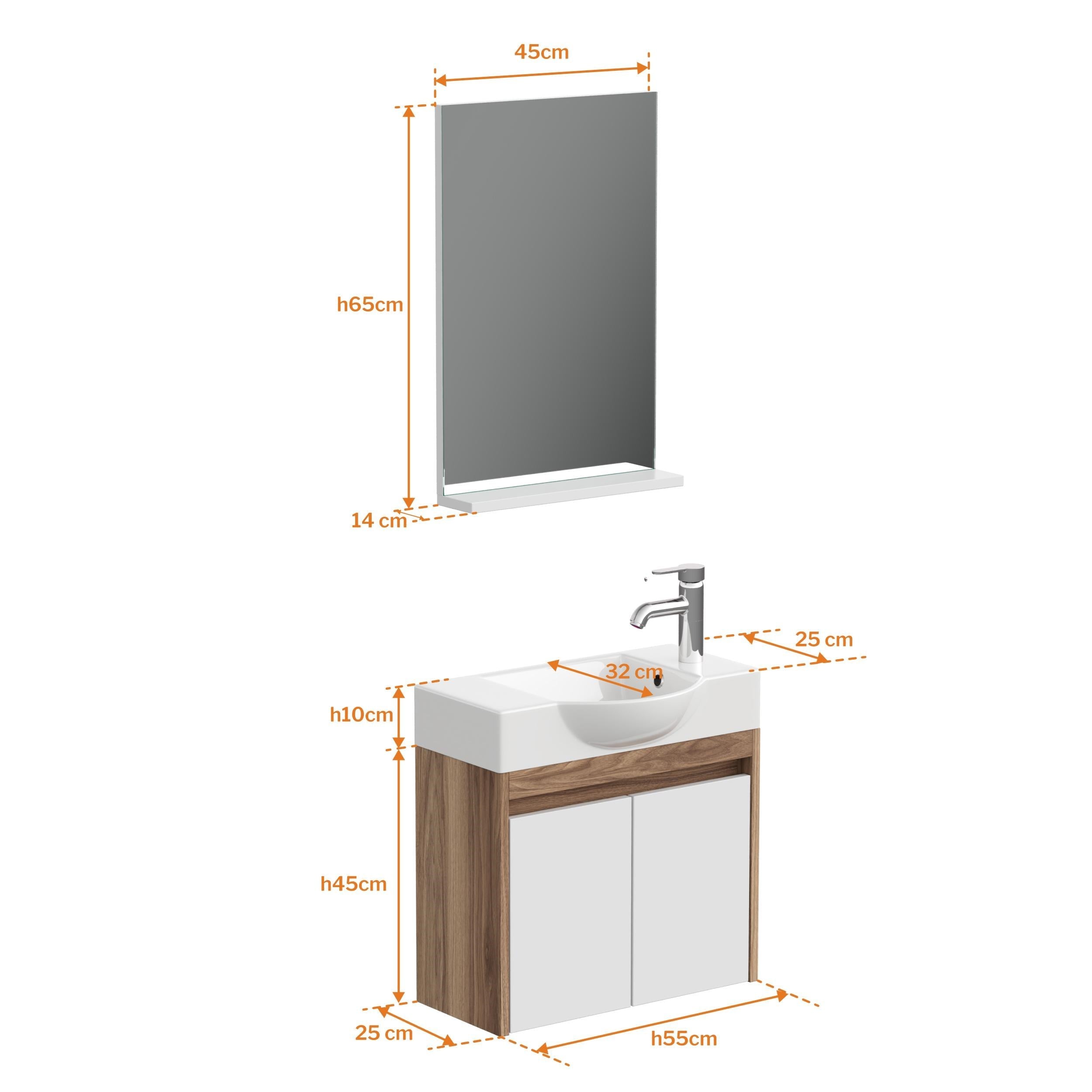 Aqua Bagno Minizia Banyo Dolabı  55 x 32  cm. Doğal Ceviz  -Beyaz ,Lavabo Dahil | ABS.50.35.06.03