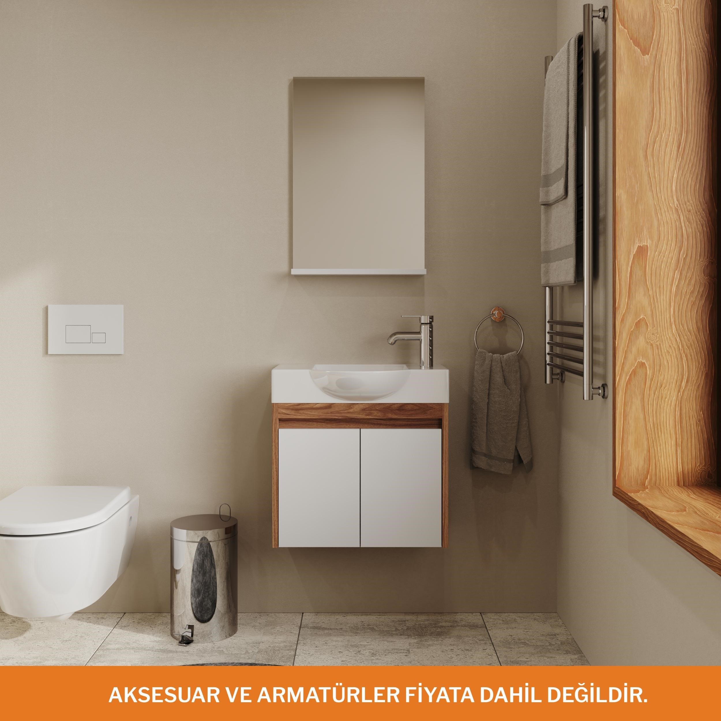 Aqua Bagno Minizia Banyo Dolabı  55 x 32  cm. Doğal Ceviz  -Beyaz ,Lavabo Dahil | ABS.50.35.06.03