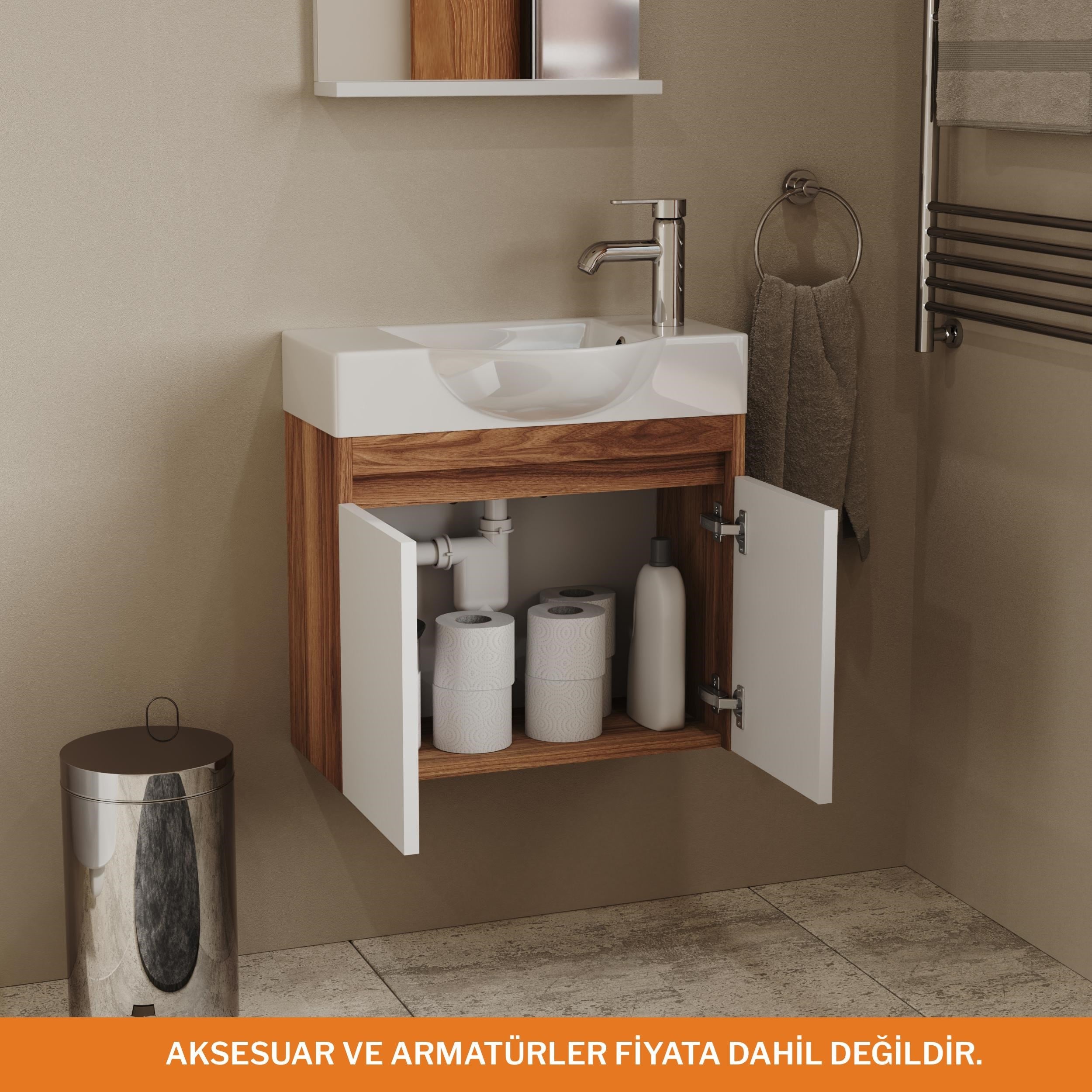 Aqua Bagno Minizia Banyo Dolabı  55 x 32  cm. Doğal Ceviz  -Beyaz ,Lavabo Dahil | ABS.50.35.06.03