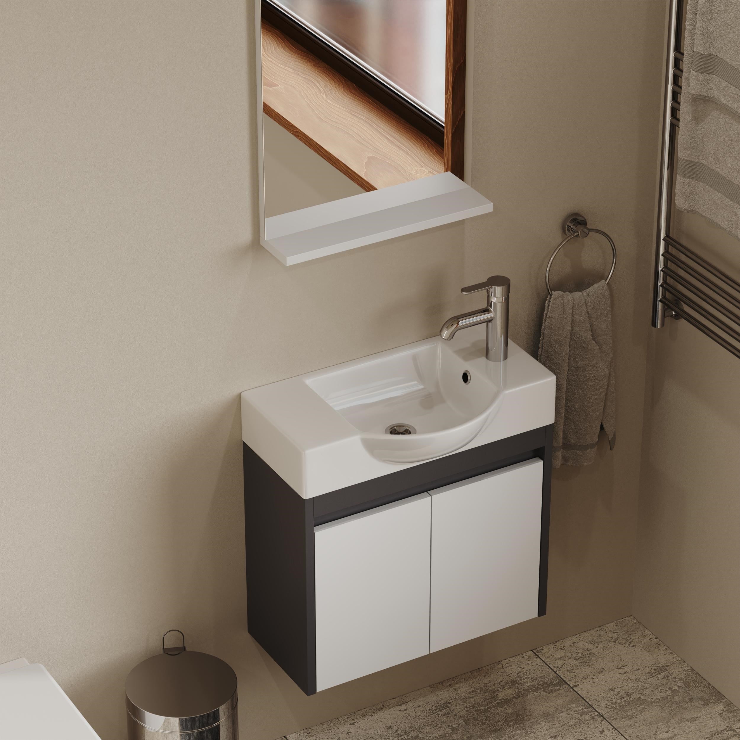Aqua Bagno Minizia Banyo Dolabı  55 x 32 cm. Antrasit Beyaz ,Lavabo Dahil | ABS.50.35.08.03