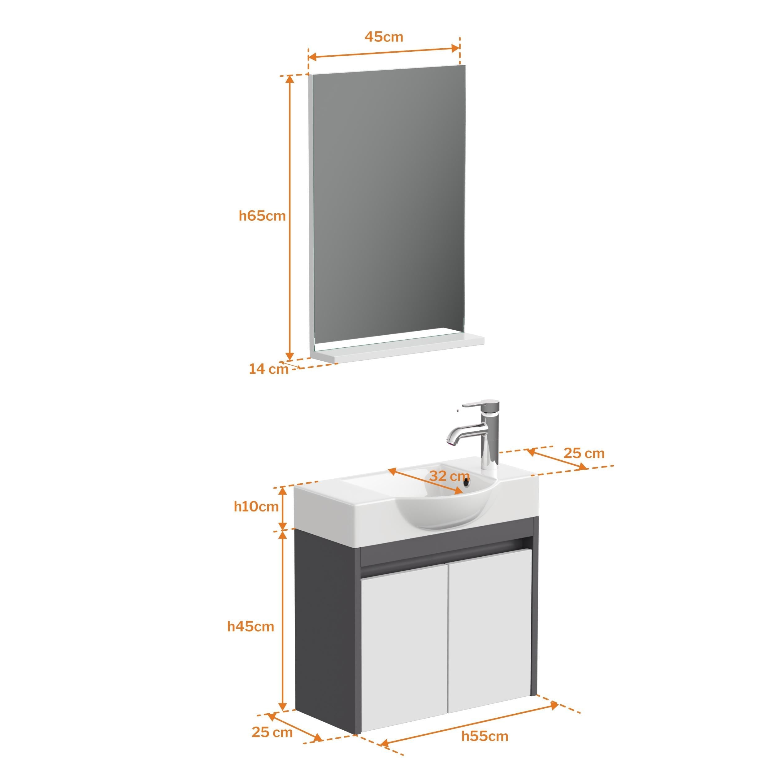 Aqua Bagno Minizia Banyo Dolabı  55 x 32 cm. Antrasit Beyaz ,Lavabo Dahil | ABS.50.35.08.03