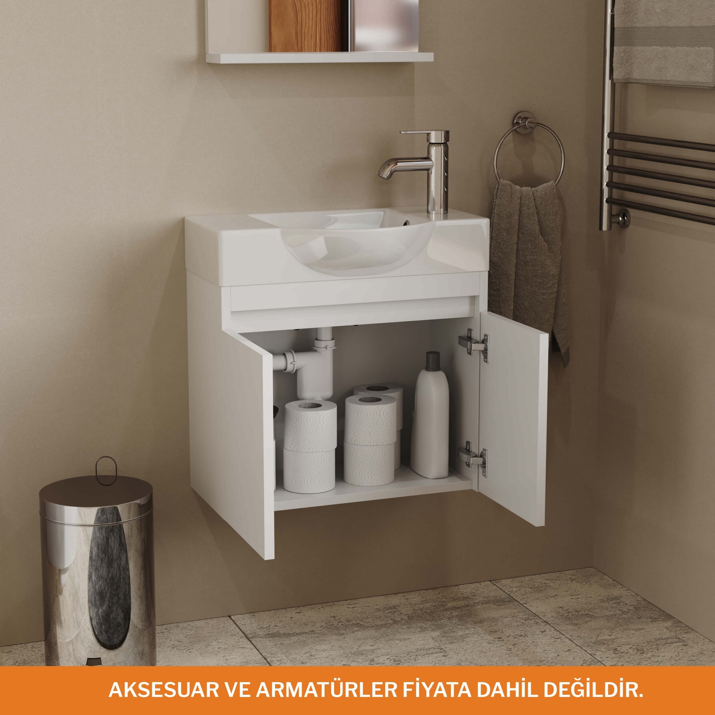 Aqua Bagno Minizia Banyo Dolabı 55 x 32  cm. Beyaz,Lavabo Dahil | ABS.50.35.01.03