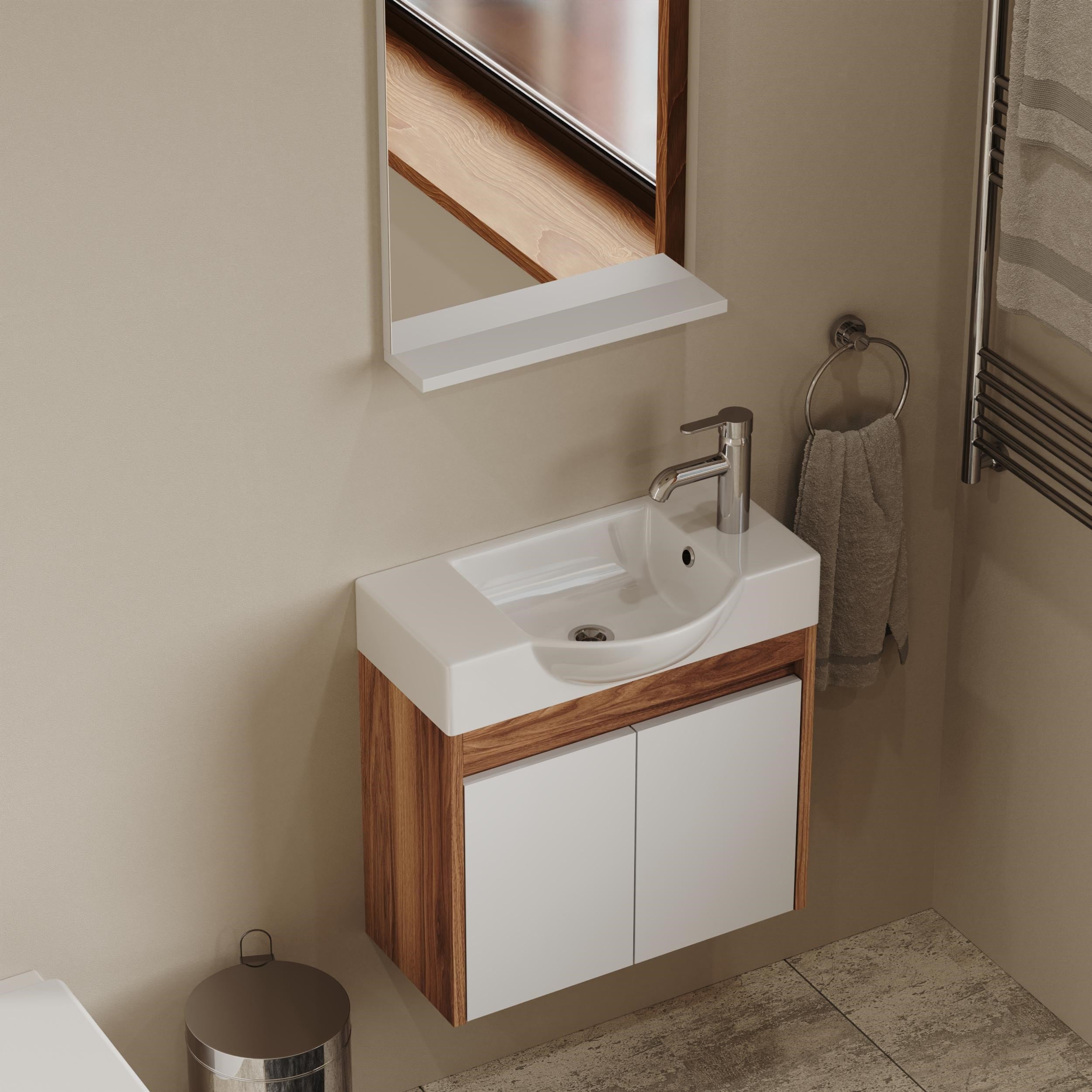 Aqua Bagno Minizia Banyo Dolabı  55 x 32  cm. Doğal Ceviz  -Beyaz ,Lavabo Dahil | ABS.50.35.06.03