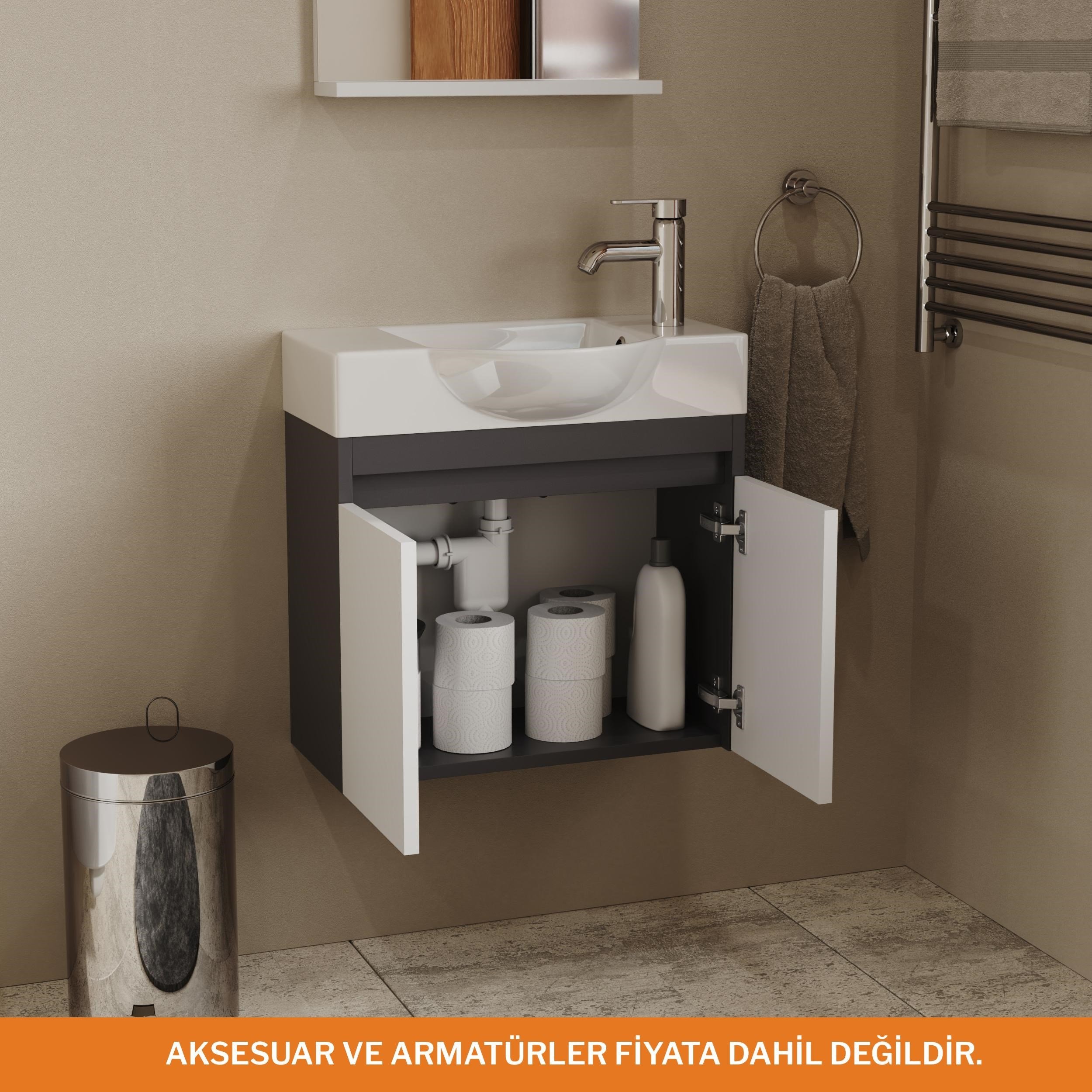 Aqua Bagno Minizia Banyo Dolabı  55 x 32 cm. Antrasit Beyaz ,Lavabo Dahil | ABS.50.35.08.03