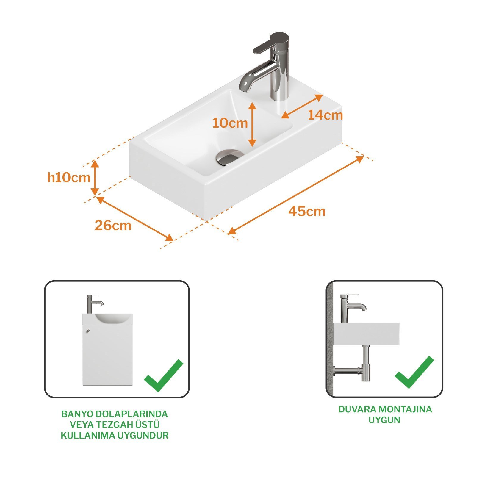 Aqua Bagno Minizia Lavabo Beyaz 45x26x10 cm – Sağdan Delikli, Taşma Delikli, 10 Yıl Garantili  |