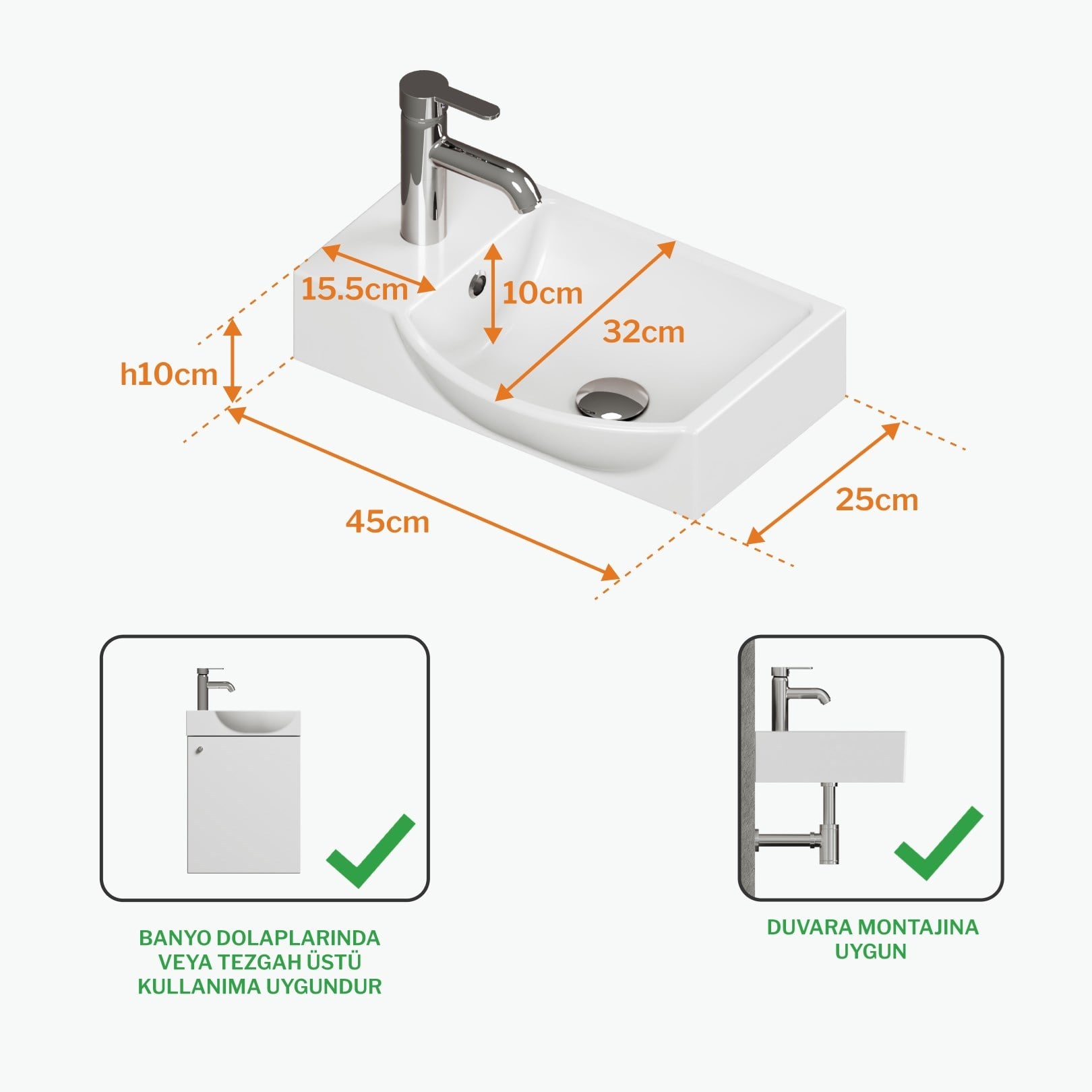 Aqua Bagno Minizia Lavabo Beyaz 45x32x10 cm – Soldan Delikli, Taşma Delikli, 10 Yıl Garantili 