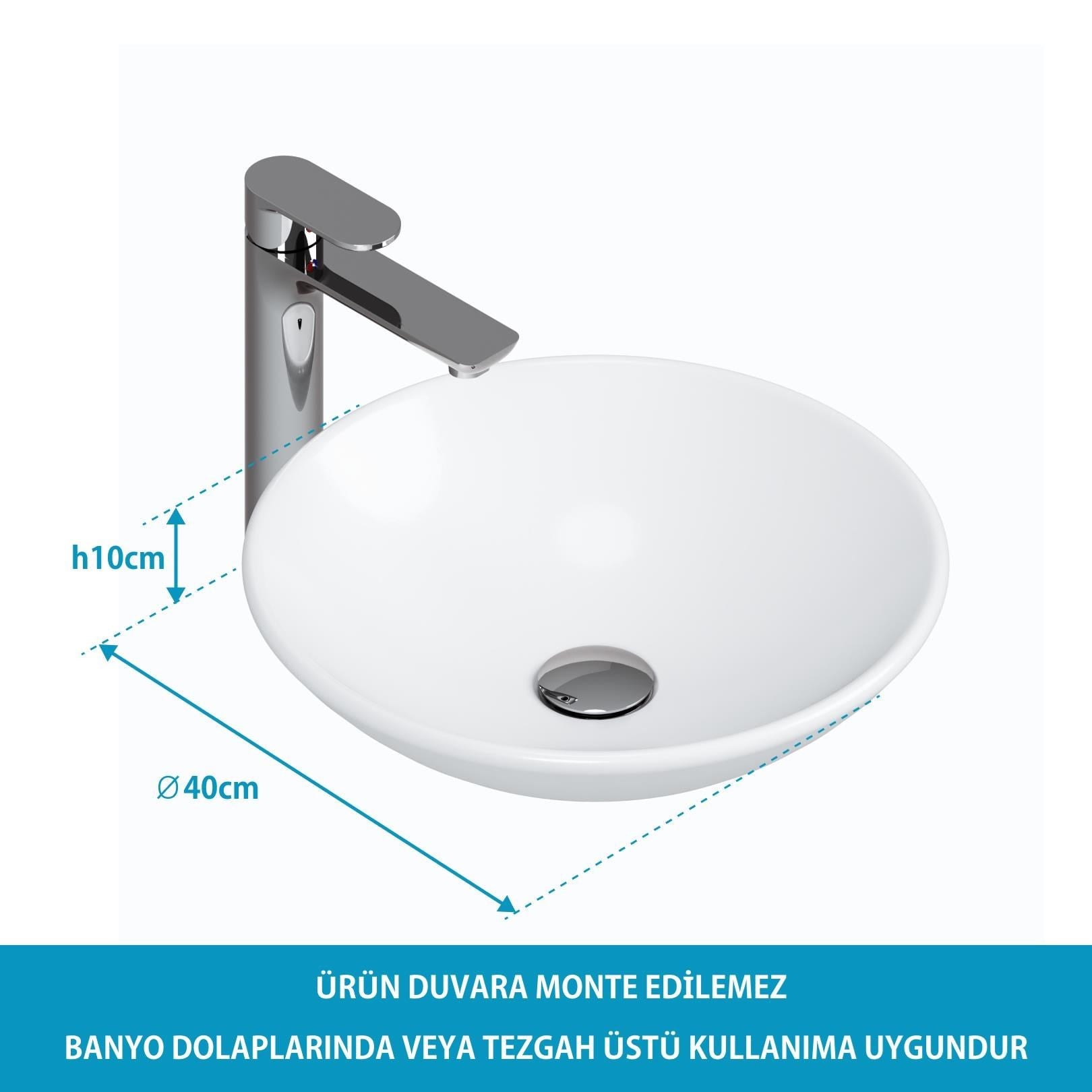 Aqua Bagno Minizia Tezgah Üstü Çanak Lavabo, Batarya Deliksiz, 40 cm Beyaz | 25.31.40.1.NO.NT