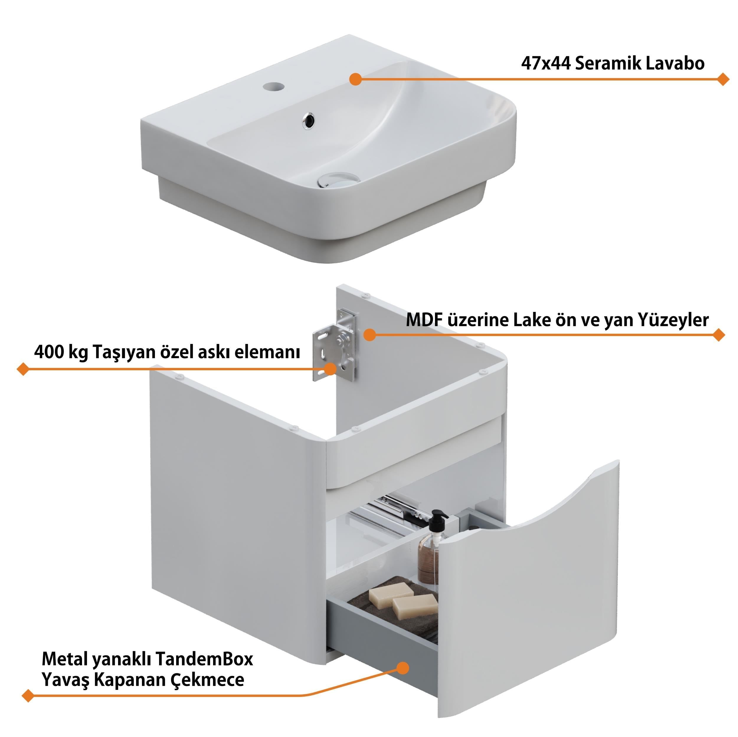 Aqua Bagno Piccolo 2.0 Alt Dolap  48 cm. Parlak Beyaz -Lavabo dahil