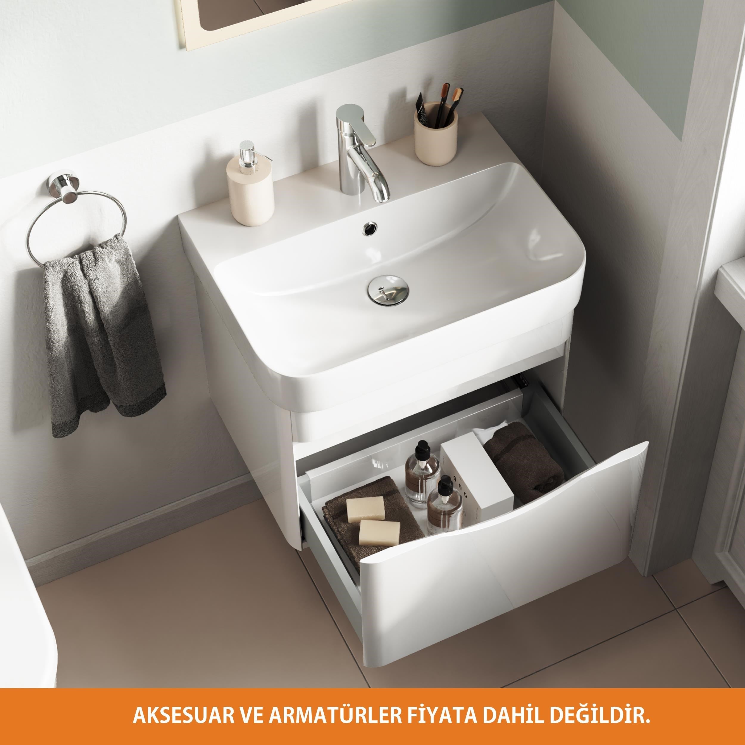 Aqua Bagno Piccolo 2.0 Alt Dolap 57 cm. Parlak Beyaz -Lavabo dahil
