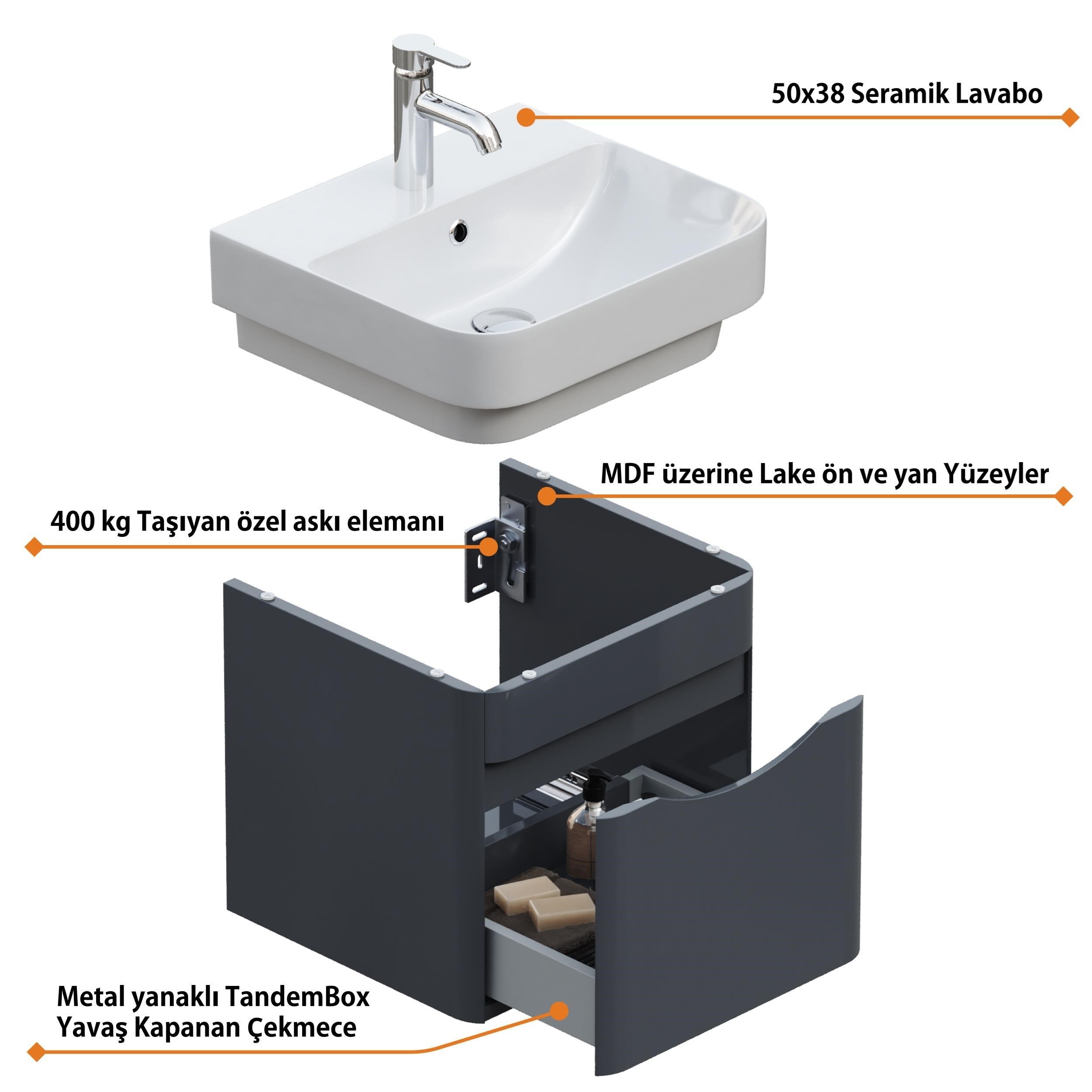 Aqua Bagno Piccolo 2.0 Alt Dolap 57 cm. Antrasit Gri Parlak-Lavabo dahil
