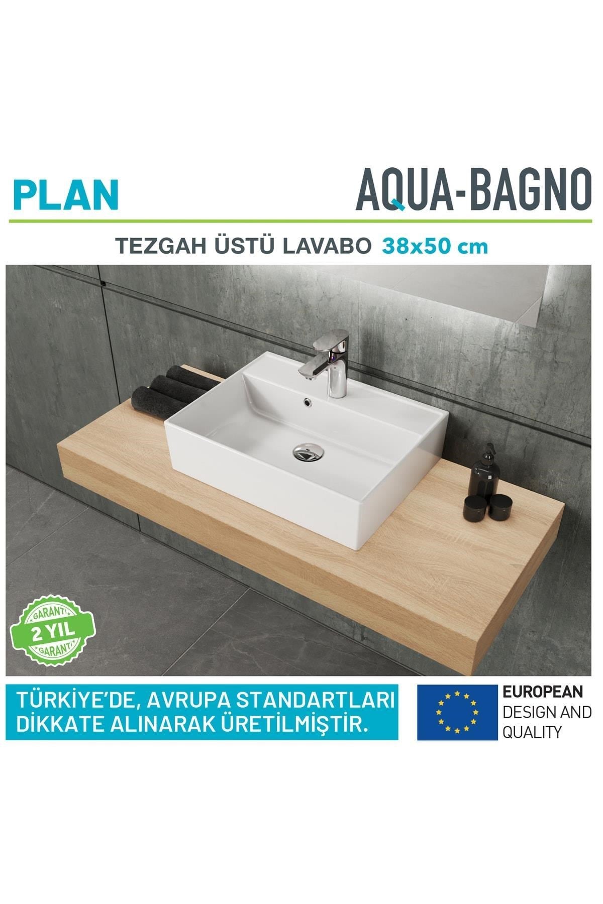 Aqua Bagno Plan Tezgah Üstü Kare Çanak Lavabo, 50x38 cm. Beyaz | 10.16.30.02.2