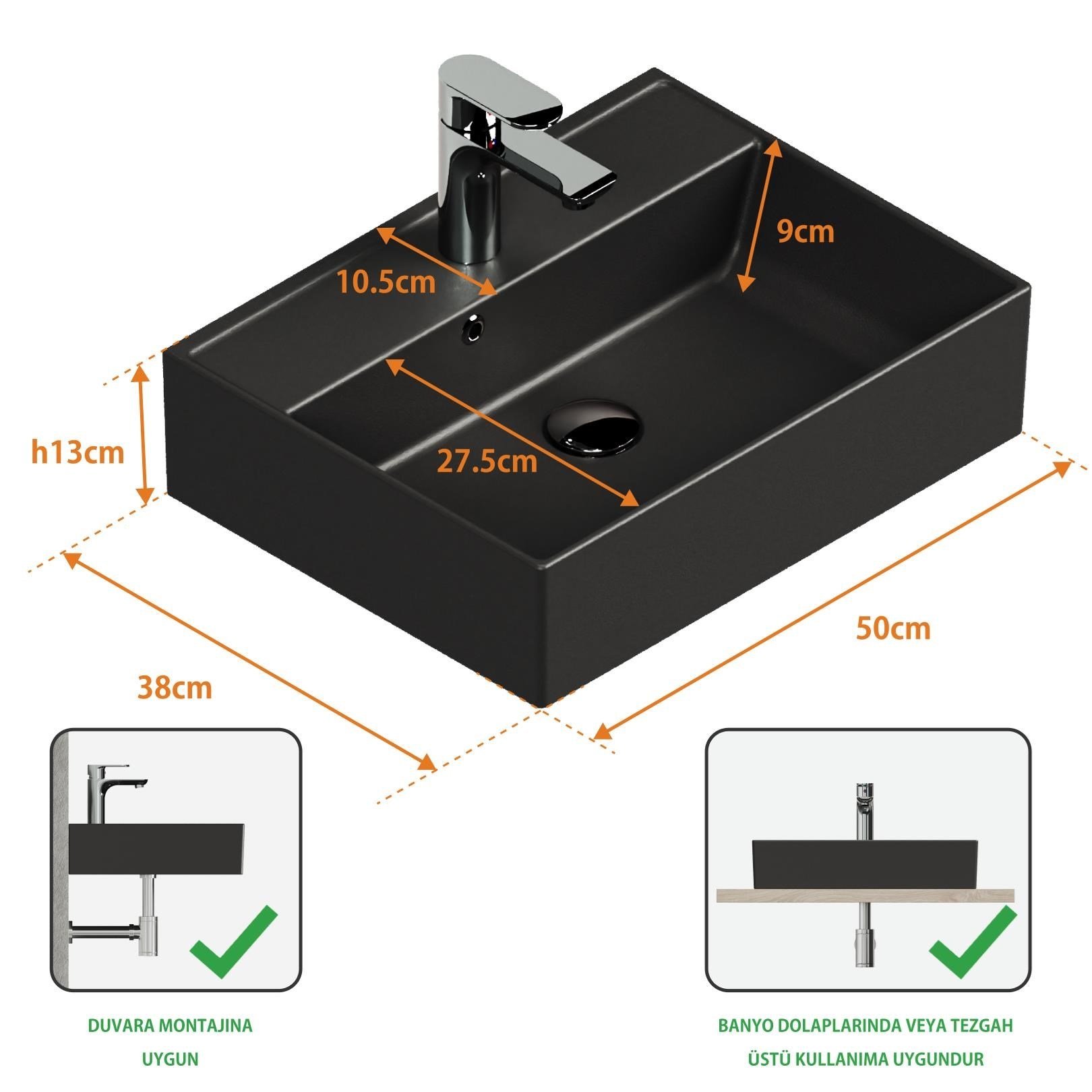 Aqua Bagno Plan Tezgah Üstü Kare Çanak  Lavabo , 50x38 cm.  Mat Siyah 