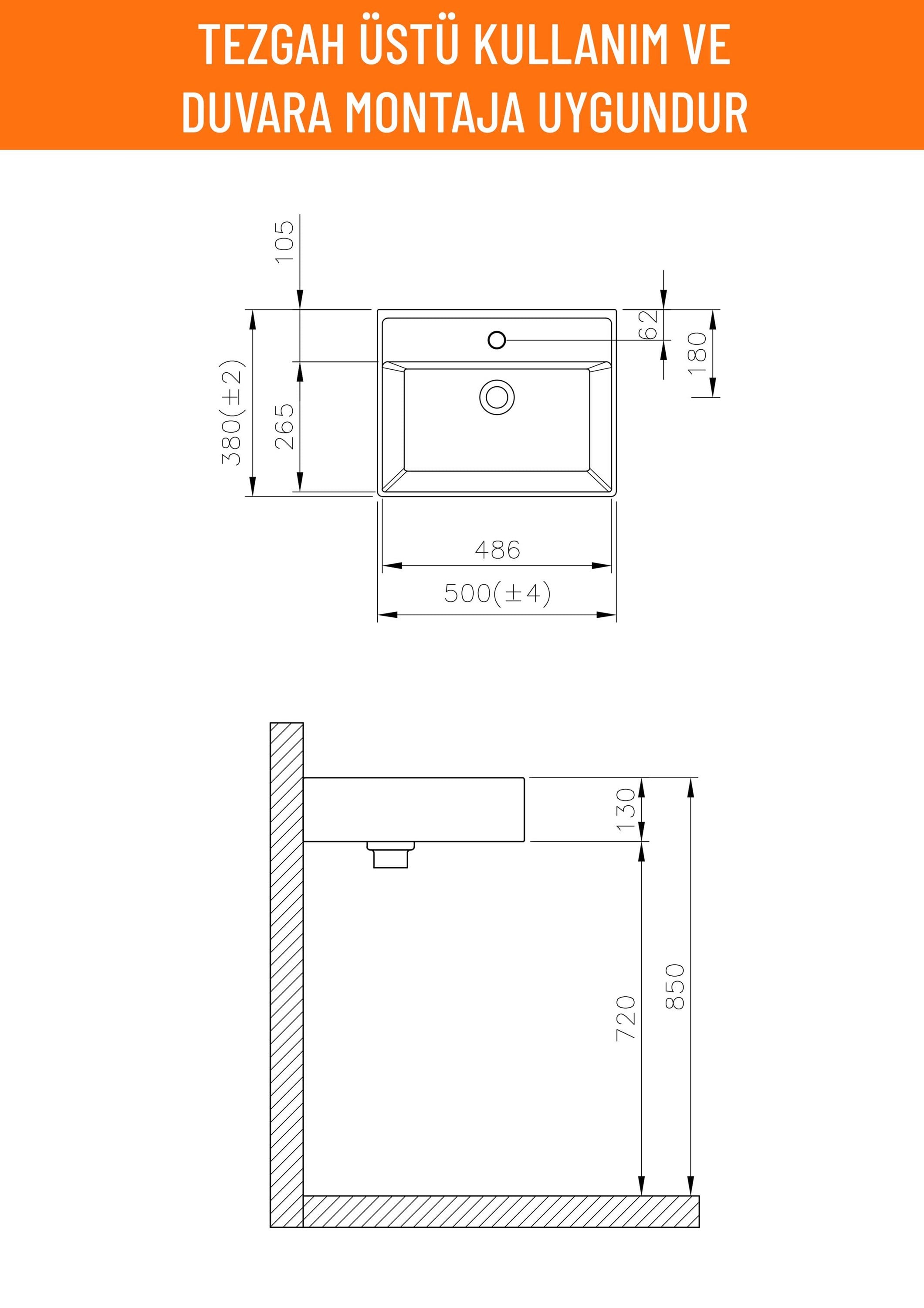 Aqua Bagno Plan Tezgah Üstü Kare Çanak Lavabo, 50x38 cm. Beyaz | 10.16.30.02.2
