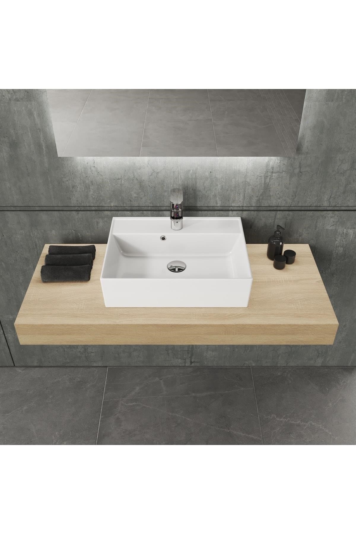 Aqua Bagno Plan Tezgah Üstü Kare Çanak Lavabo, 50x38 cm. Beyaz | 10.16.30.02.2