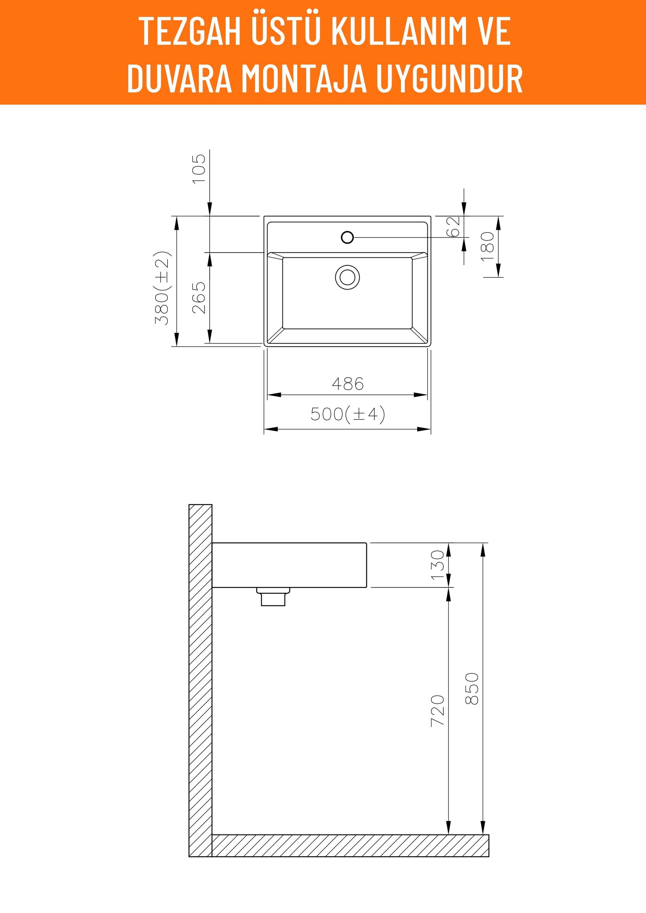 Aqua Bagno Plan Tezgah Üstü Kare Çanak Lavabo, 50x38 cm. Beyaz | 10.16.30.02.2