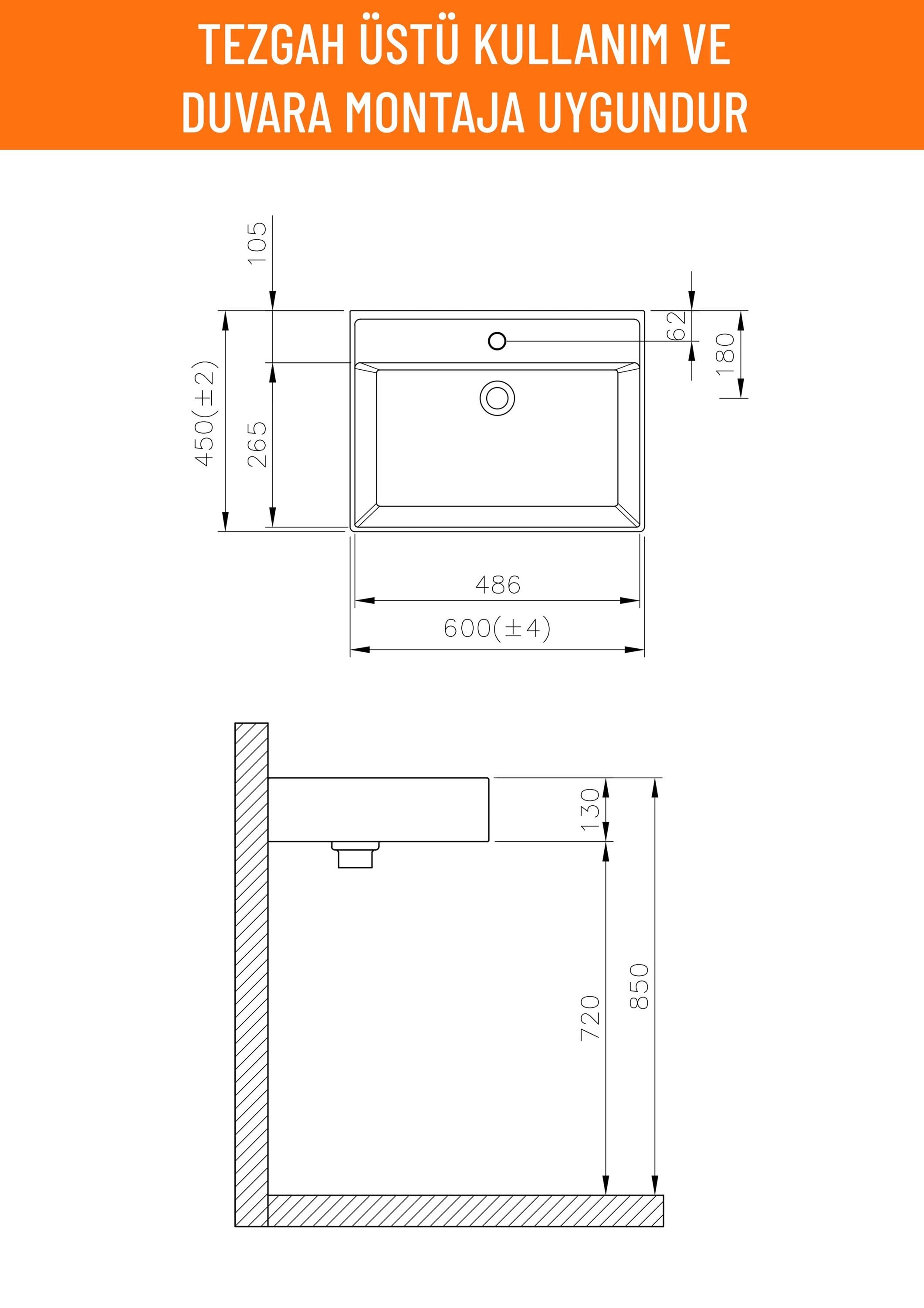 Aqua Bagno Plan Tezgah Üstü Kare Lavabo 60x45 cm Beyaz | 10.16.30.04.2