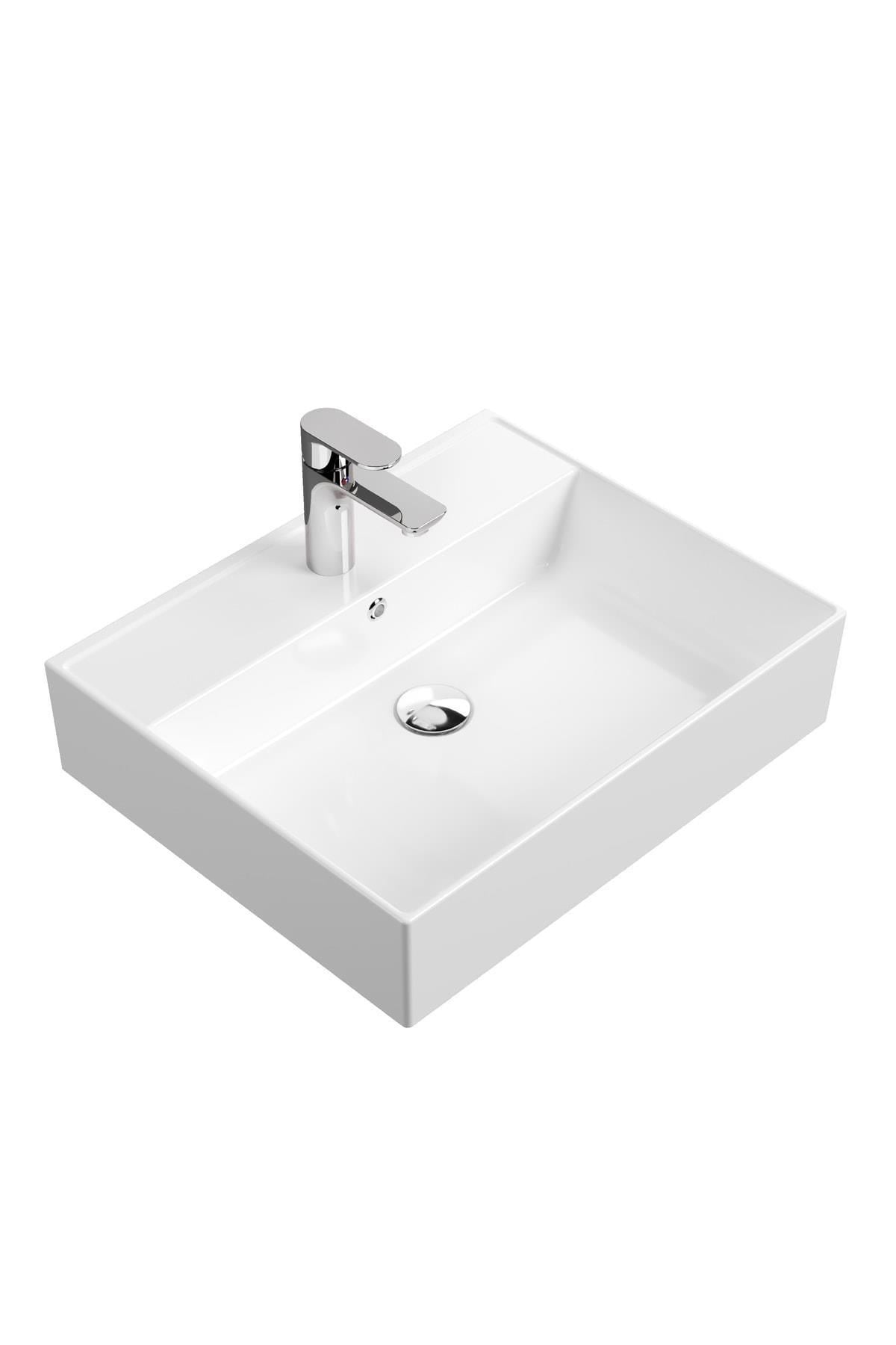 Aqua Bagno Plan Tezgah Üstü Kare Lavabo, 55x45 cm Beyaz | 10.16.30.03.2